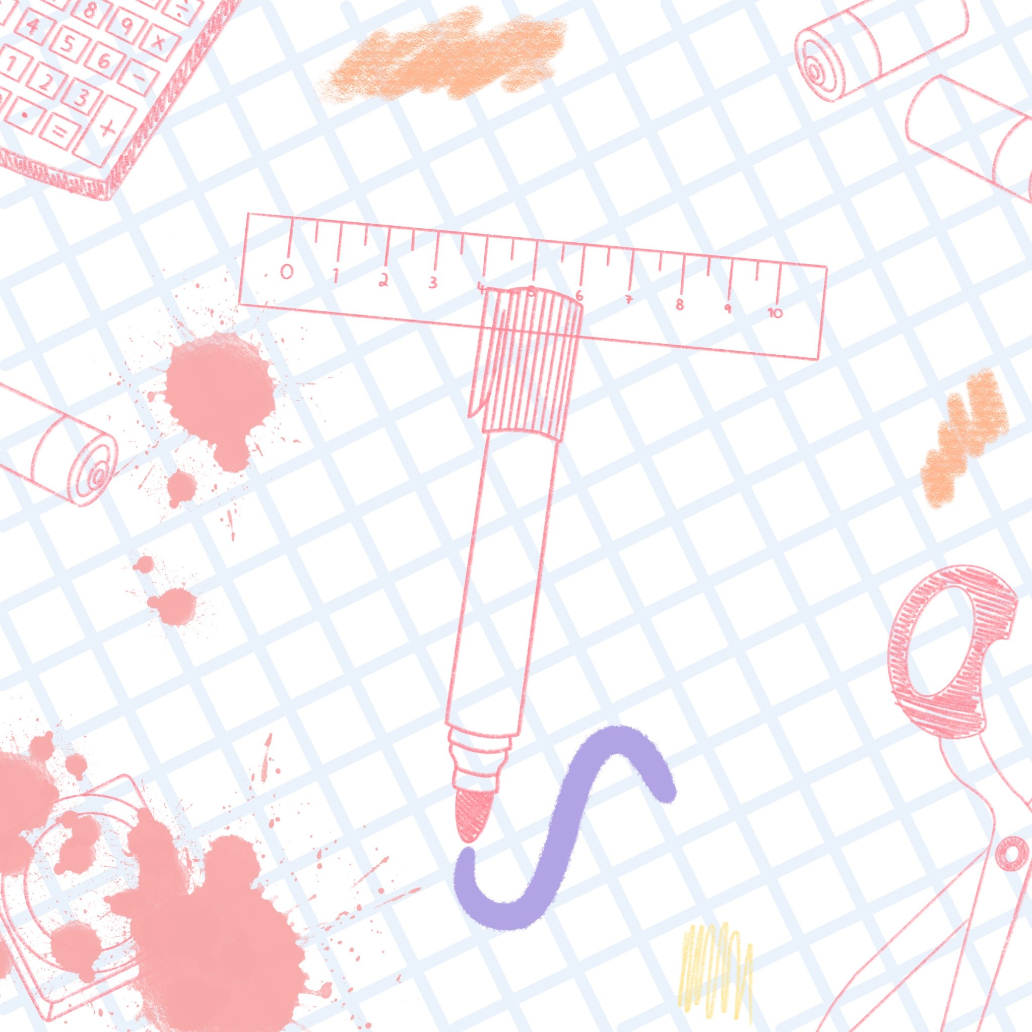 Pattern with school supplies and art tools including a ruler, a pen drawing a purple squiggly line, a calculator, paint splatters, a tape measure, and colored pencils on graph paper background.