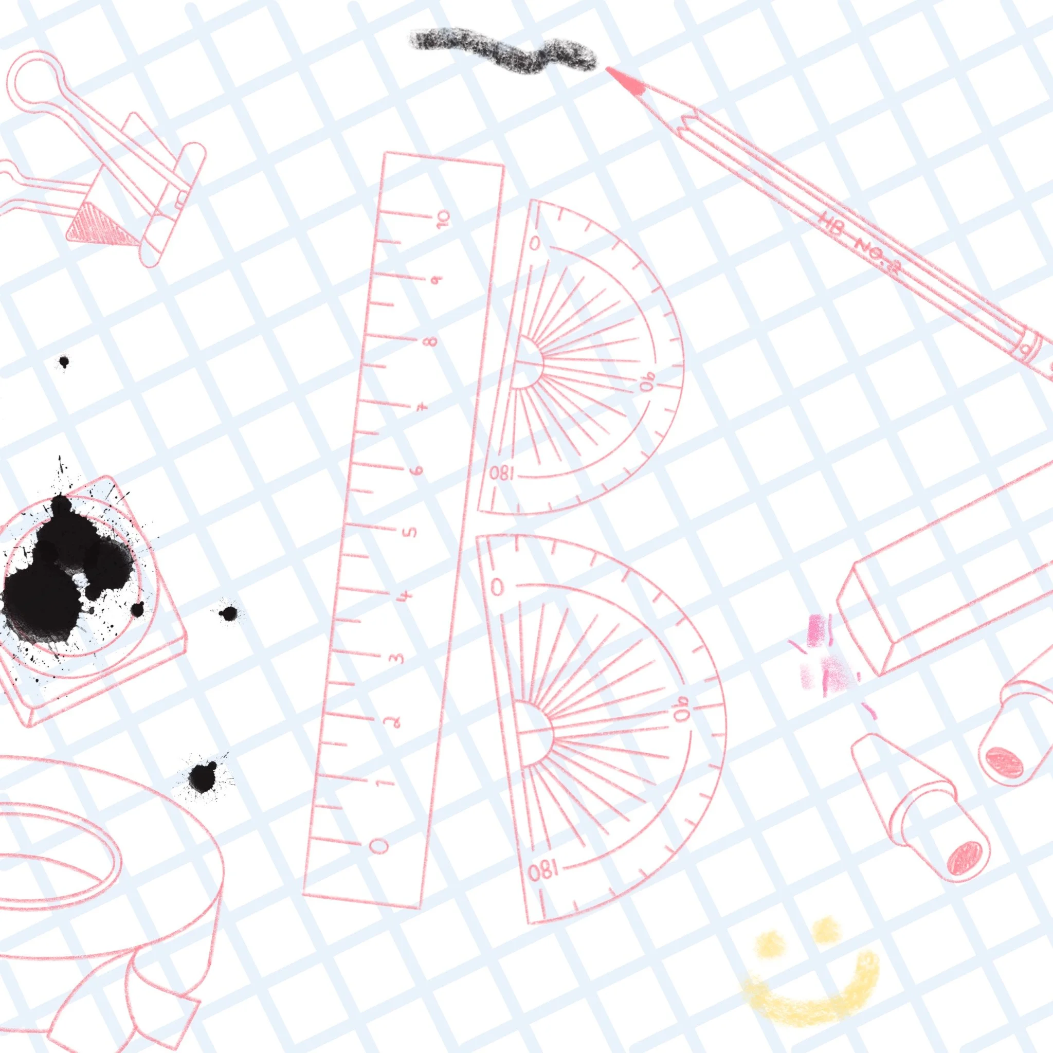 Scientific drawing with lab tools, including a pipette, rulers, protractor, and test tubes, on a grid background with ink splatters and a smiley face drawn with yellow.