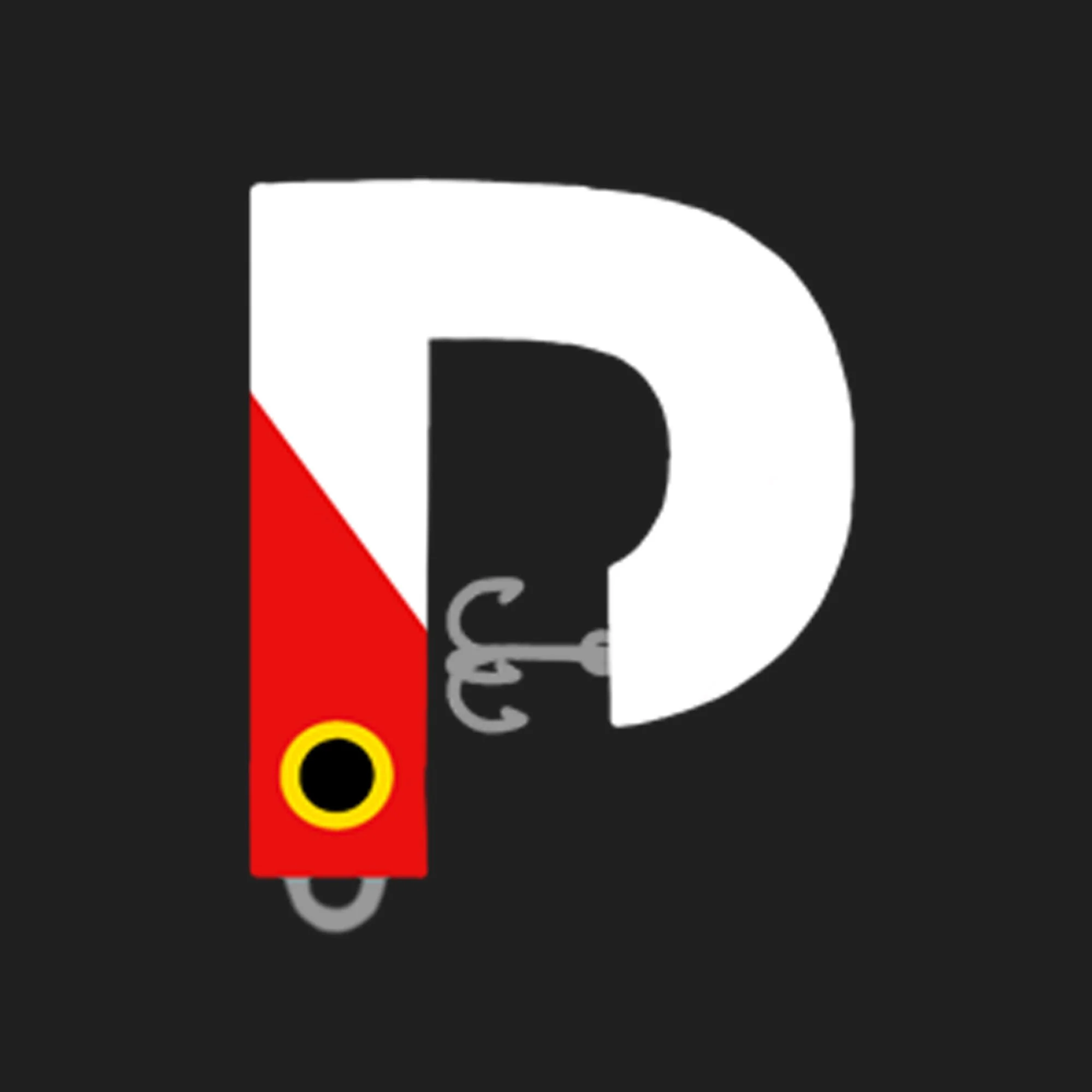 Graphic of a large white letter D on a black background, with red, yellow, and black geometric shapes and lines incorporated.