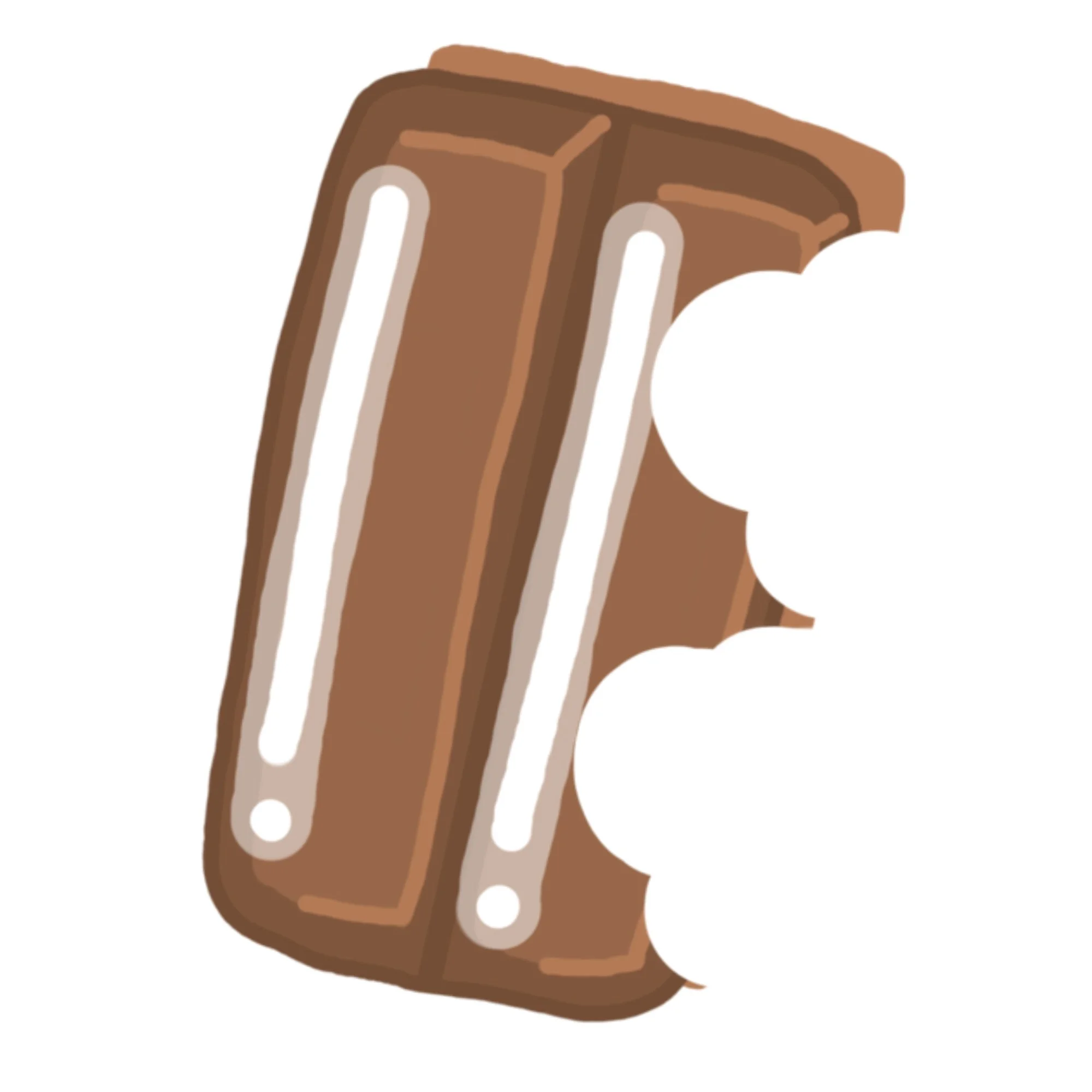 Digital illustration of a chocolate bar with white filling and a bite taken out.
