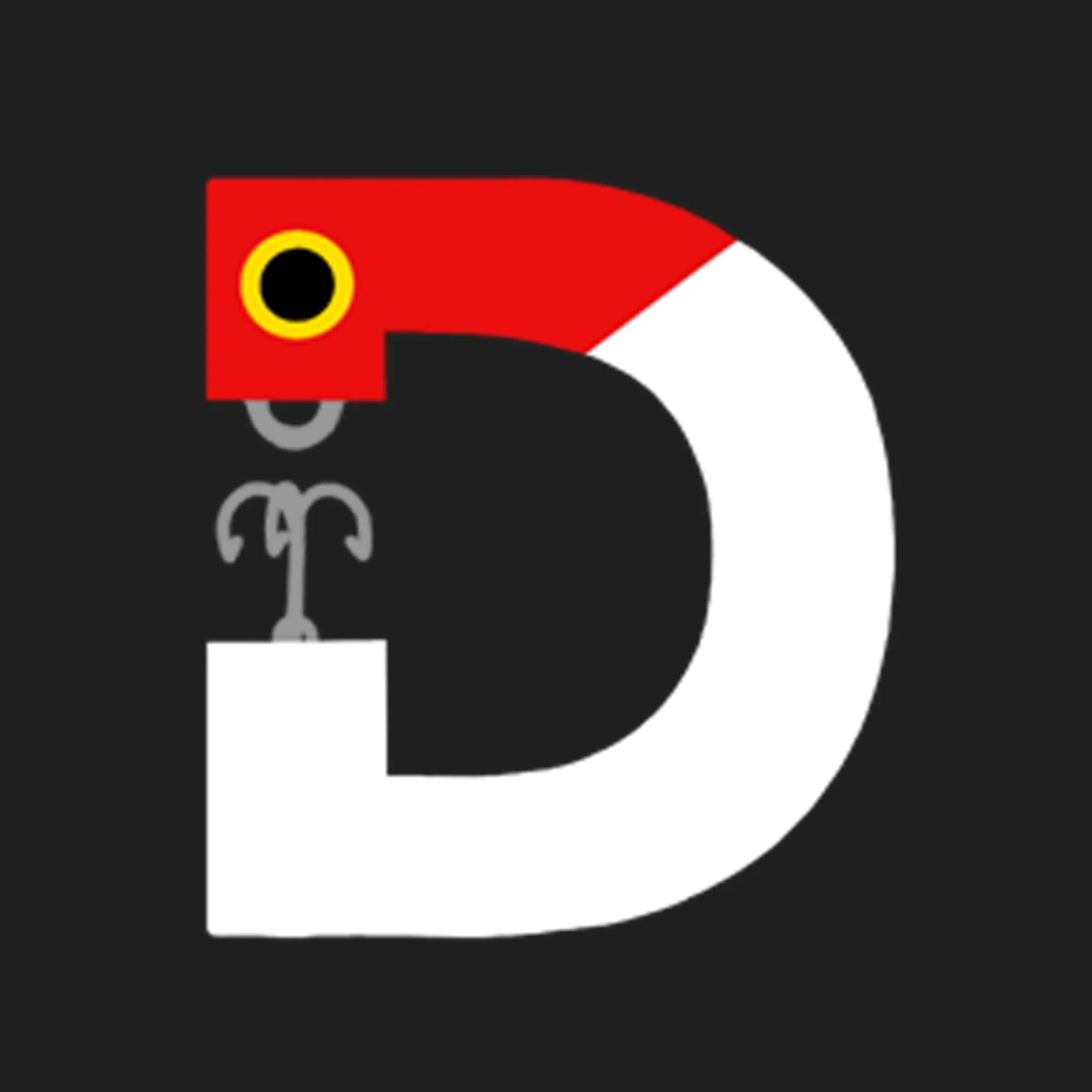 Graphic illustration of the letter D with a fish head design, hook, and fishing line on a black background.