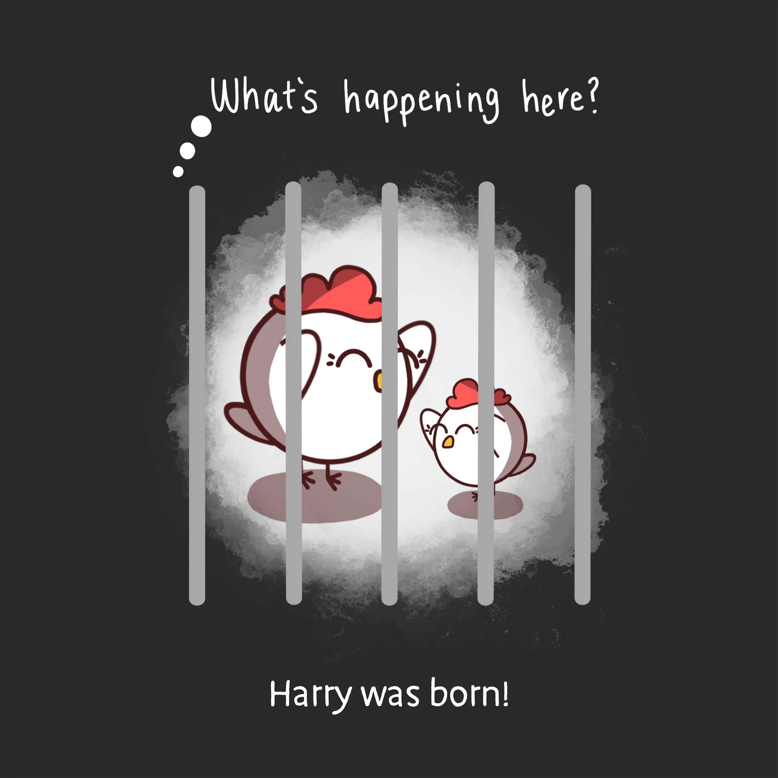Cute cartoon chickens behind prison bars with the text 'What's happening here? Harry was born!'