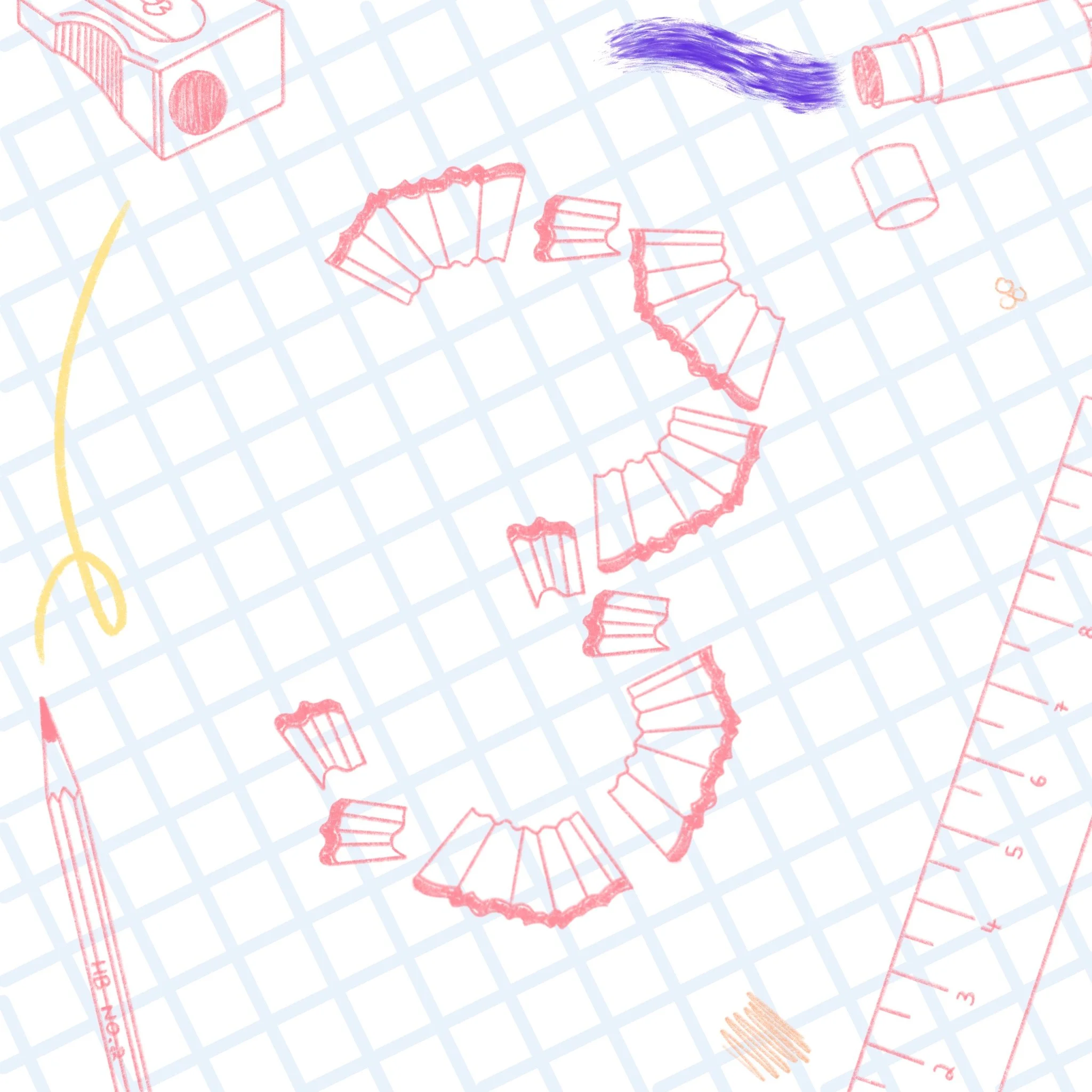 A drawing of sewing and knitting tools on graph paper, including a yellow needle, pink pencil, pink measuring ruler with red markings, a spool of purple thread, and fabric pieces outlined in pink.