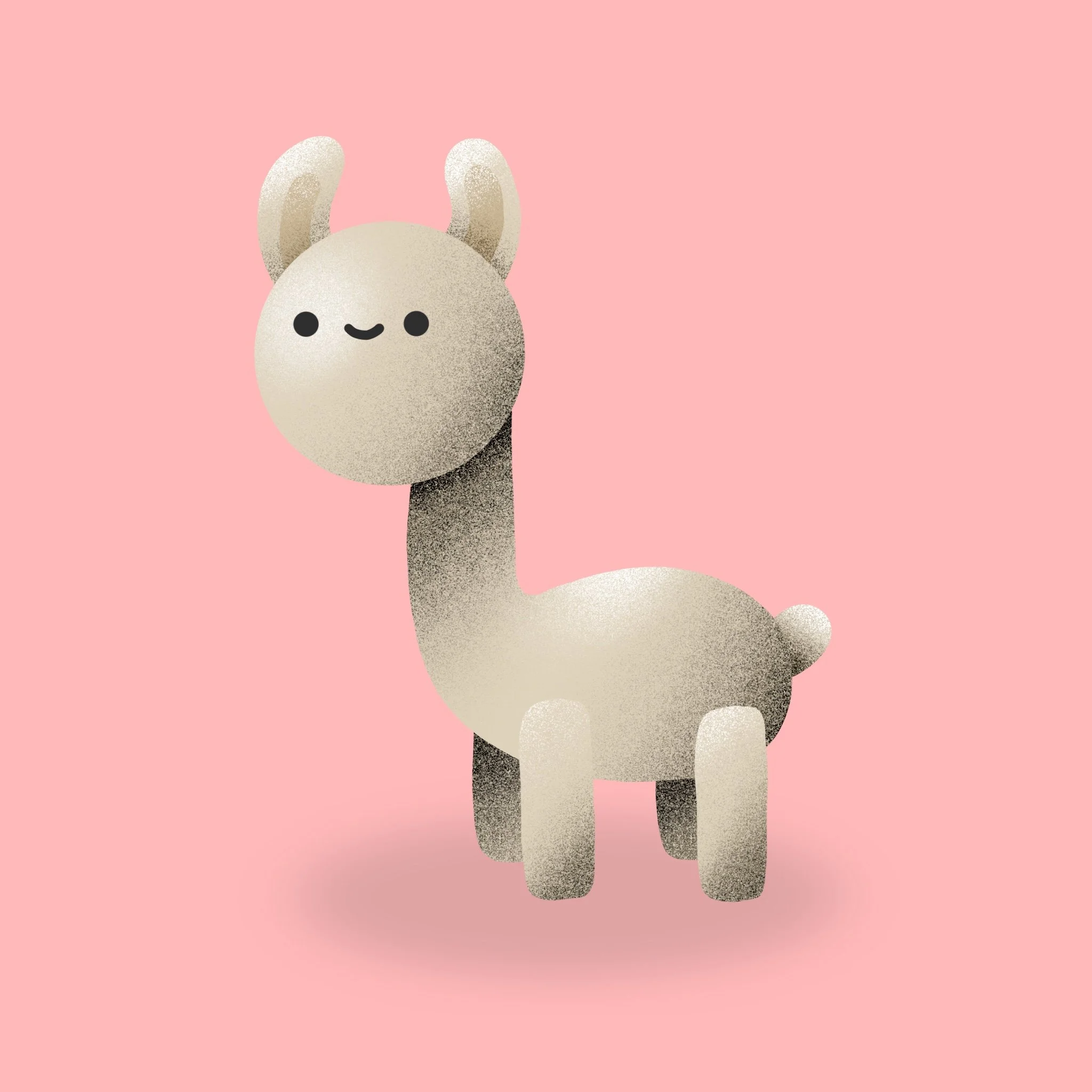 A cute, cartoon-style llama toy with a smiling face against a pink background.