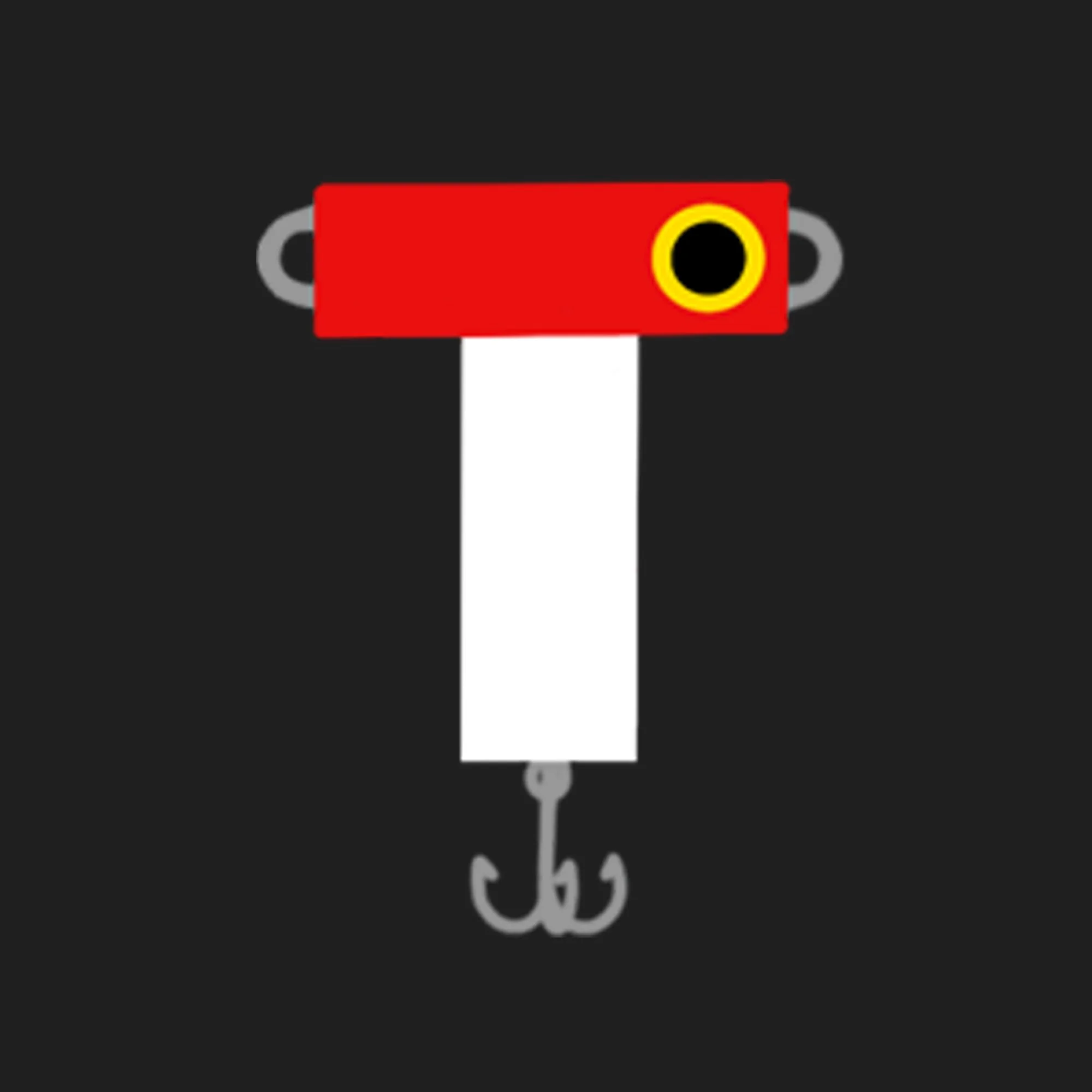 Digital drawing of a robot with a red rectangular head, a yellow circle eye, a white rectangular body, and a gray hook as a hand against a black background.