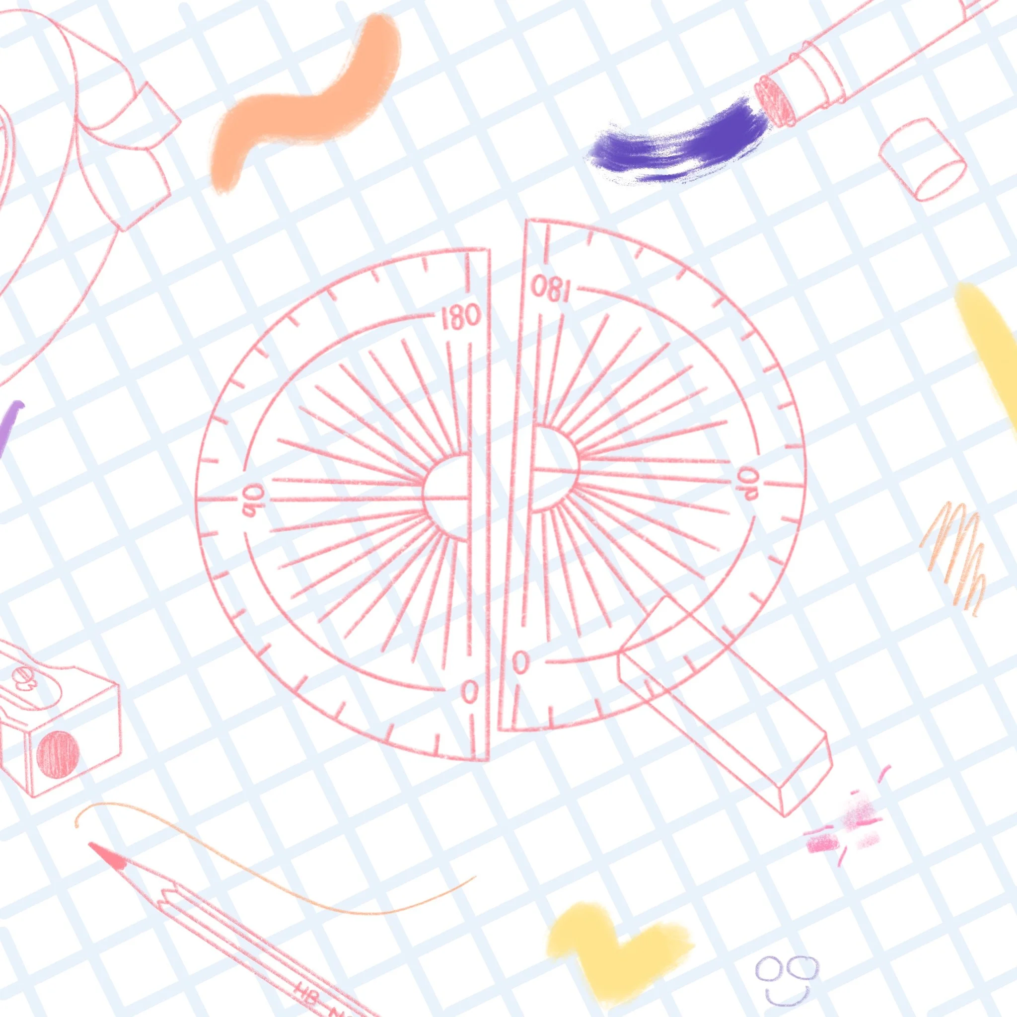 A pink mechanical compass with numbered degrees on a graph paper background surrounded by various colored sketchy objects like a pen, a cube, and a curved shape.