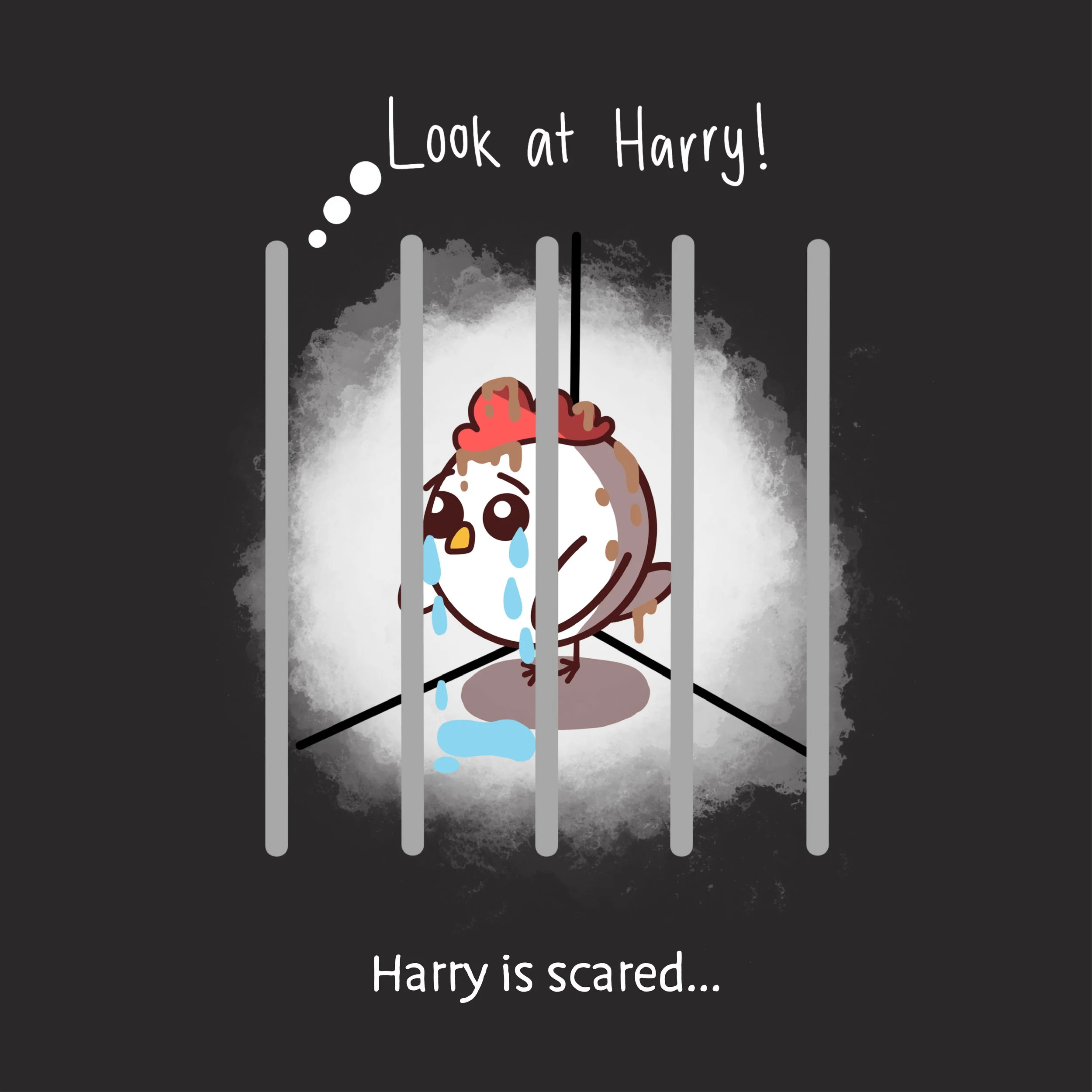 A cartoon chicken inside a jail cell, crying and looking scared, with the text 'Look at Harry!' at the top and 'Harry is scared...' at the bottom.