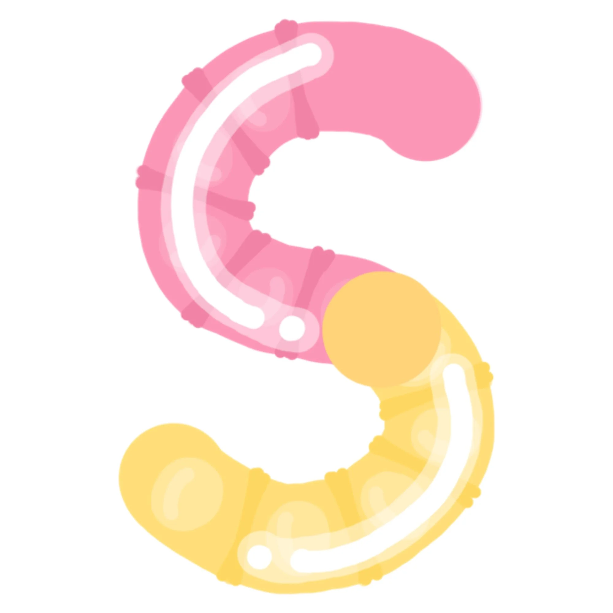 Stylized letter S made of pastel-colored inflatable pool floats, with pink and yellow sections, on a white background.