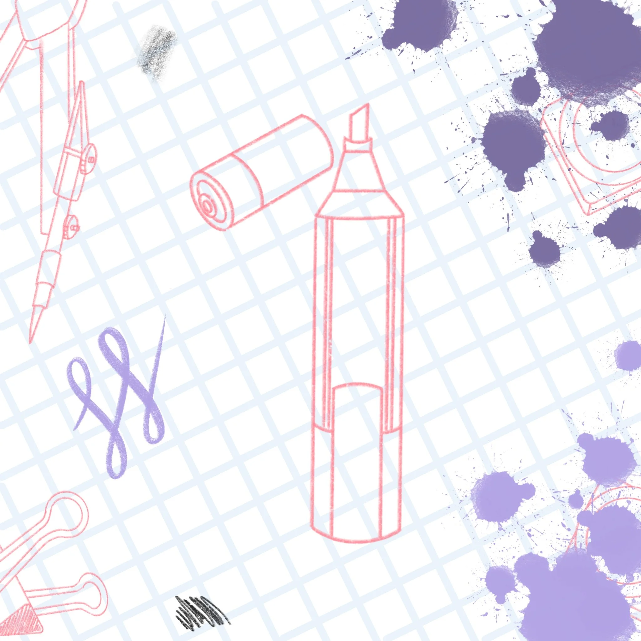 Drawing of a glue bottle, a paint tube, and a set of scissors on graph paper with purple ink splatters.