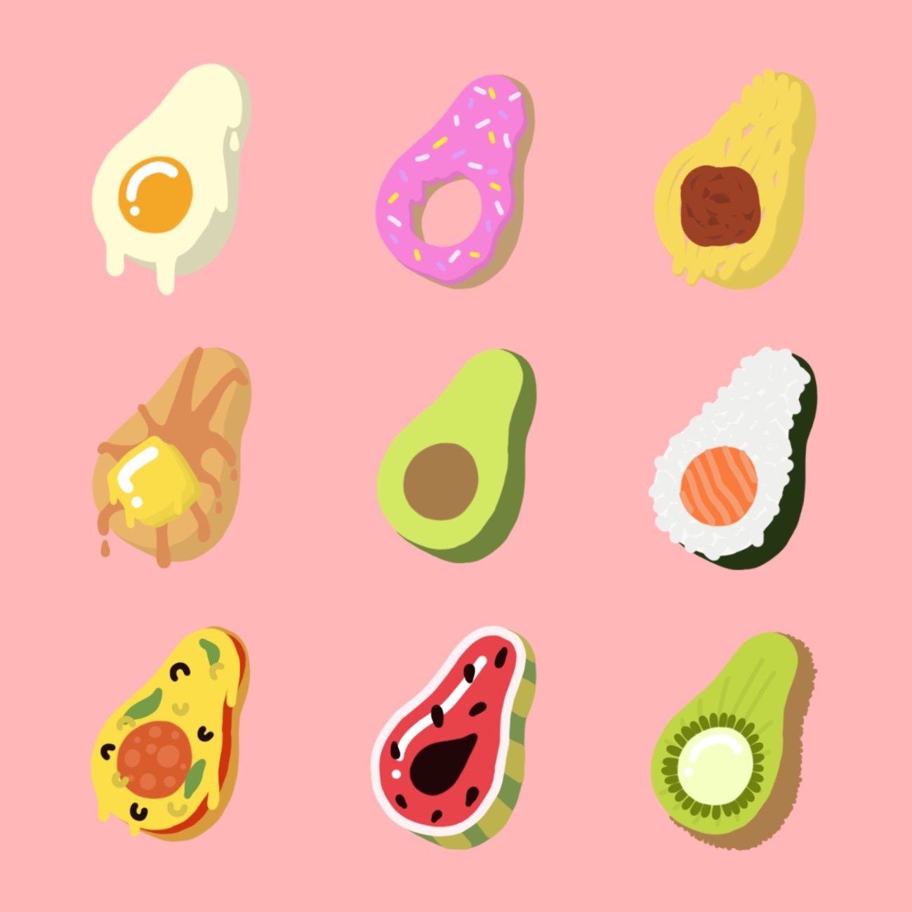 Illustrated assorted foods resembling eggs, donuts, avocado, sushi, pizza, watermelon, and kiwi on a pink background.