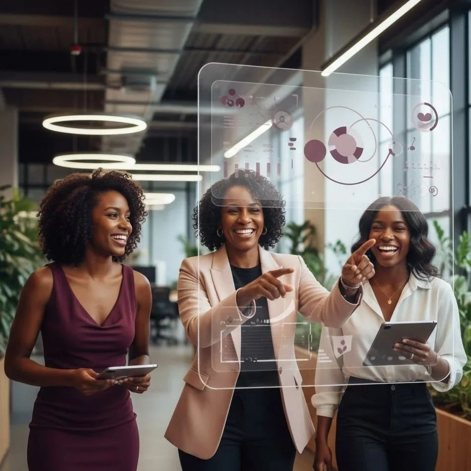 Three women in an office interacting with a virtual transparent display screen that shows graphics and charts, smiling and pointing at the screen.