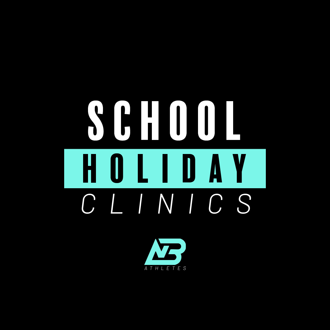 Black background with white and light blue text reading "School Holiday Clinics" and a logo at the bottom that says "NB Athletes".