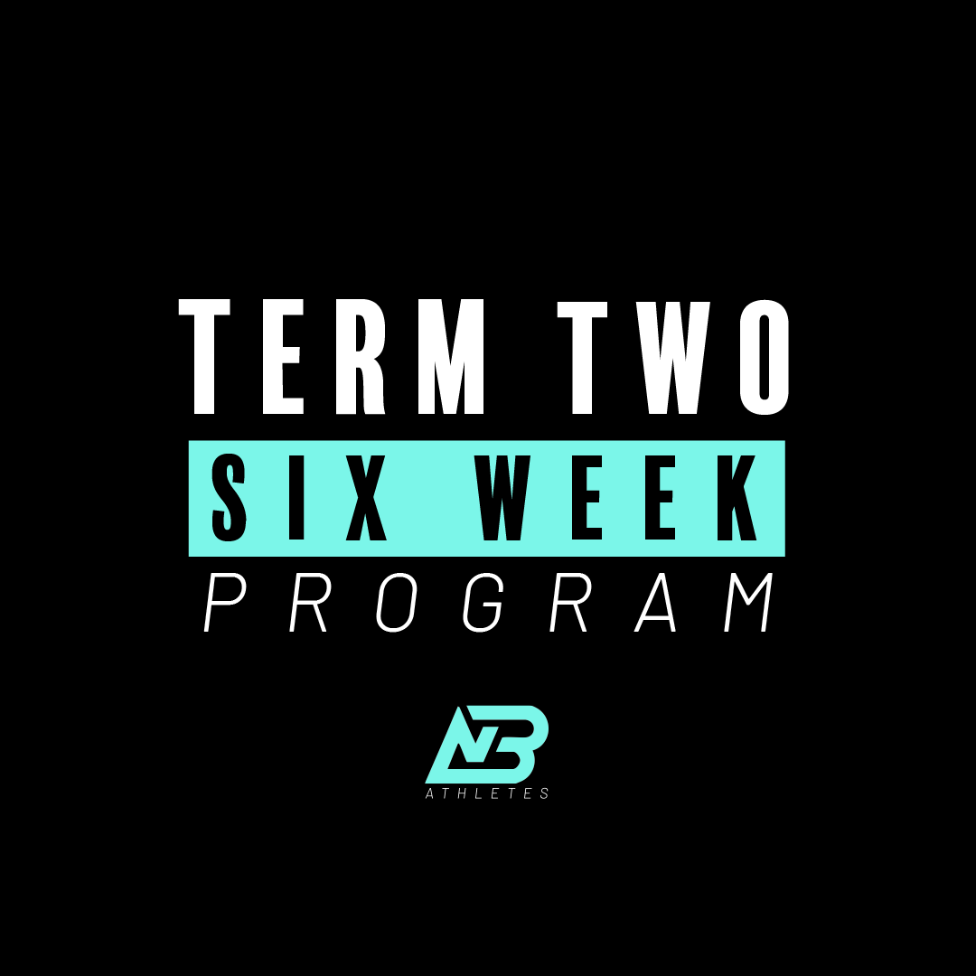 Design promoting the New Balance Term Two Six Week Program for athletes, featuring bold white and black text with a light blue highlight and a logo at the bottom.