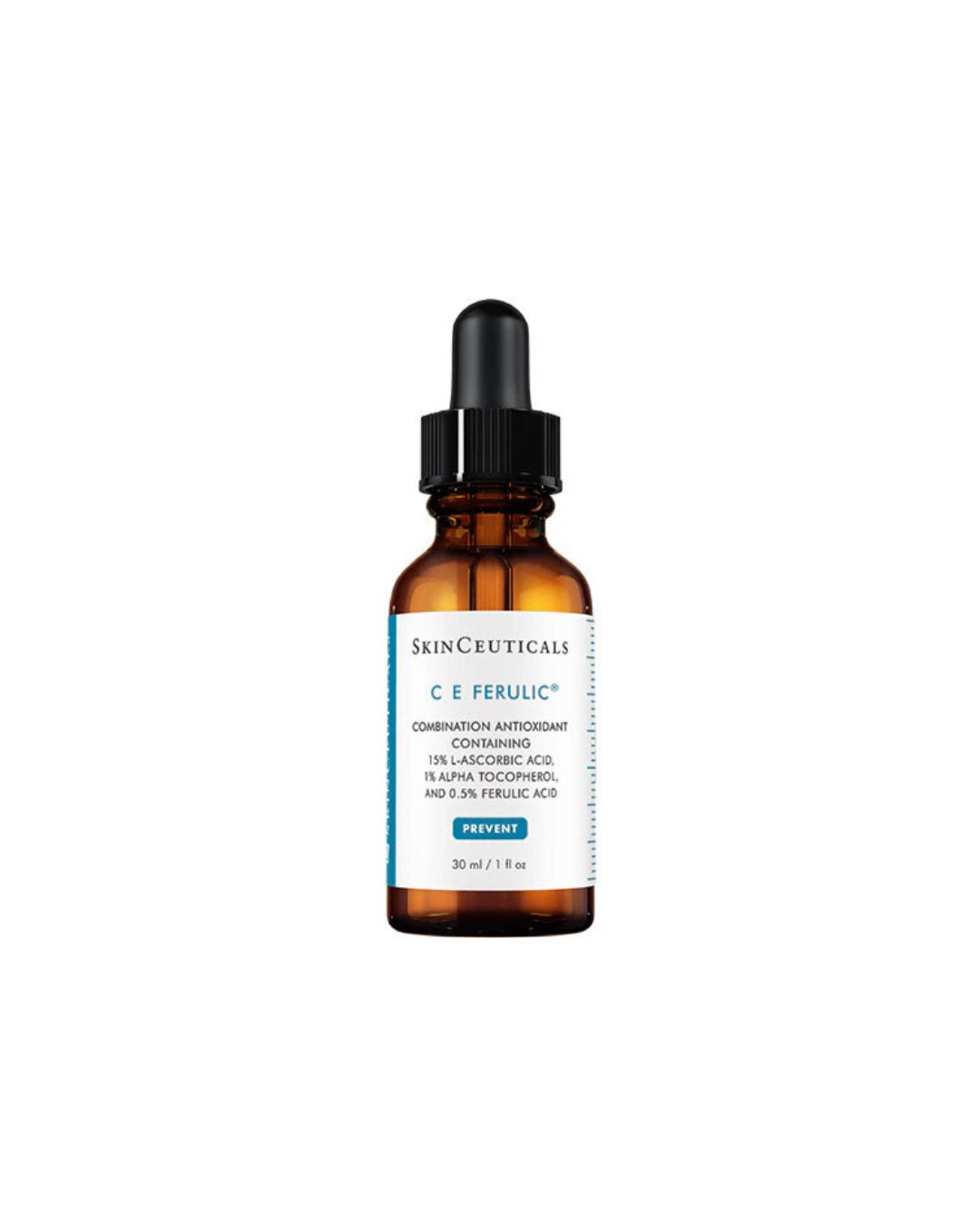 Bottle of SkinCeuticals C E Ferulic antioxidant serum with dropper cap, featuring white label with blue and black text.