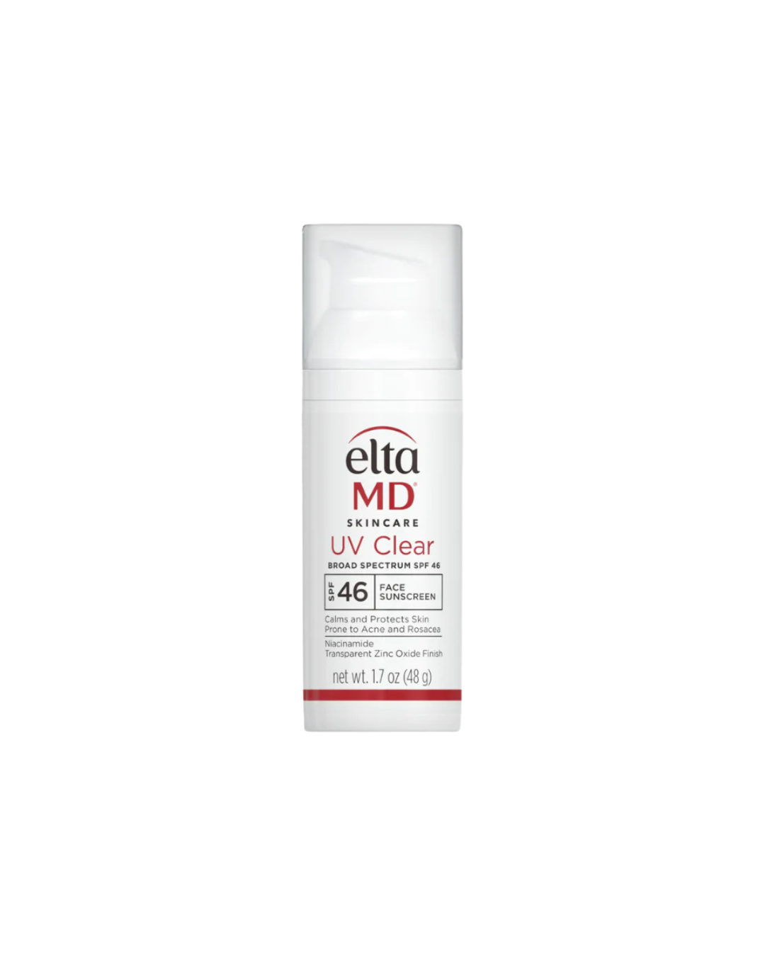 A white bottle of Elta MD UV Clear Broad Spectrum SPF 46 face sunscreen against a plain white background.