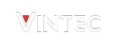 Vintec logo in white and red on a black background.