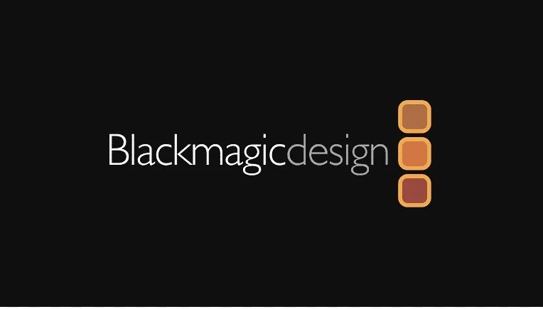 Blackmagic Design logo with three orange squares arranged vertically on a black background.