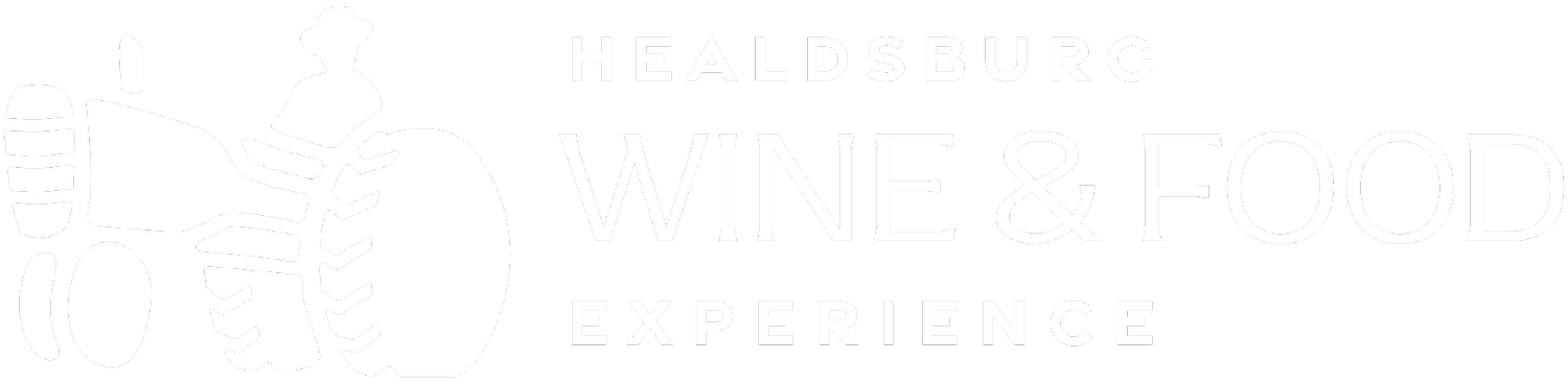 Logo for Healdsburg Wine & Food Experience featuring a chef's hat and wine bottle with grapes.