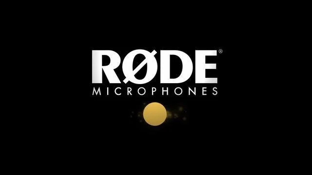 RODE Microphones logo on a black background with a gold dot underneath