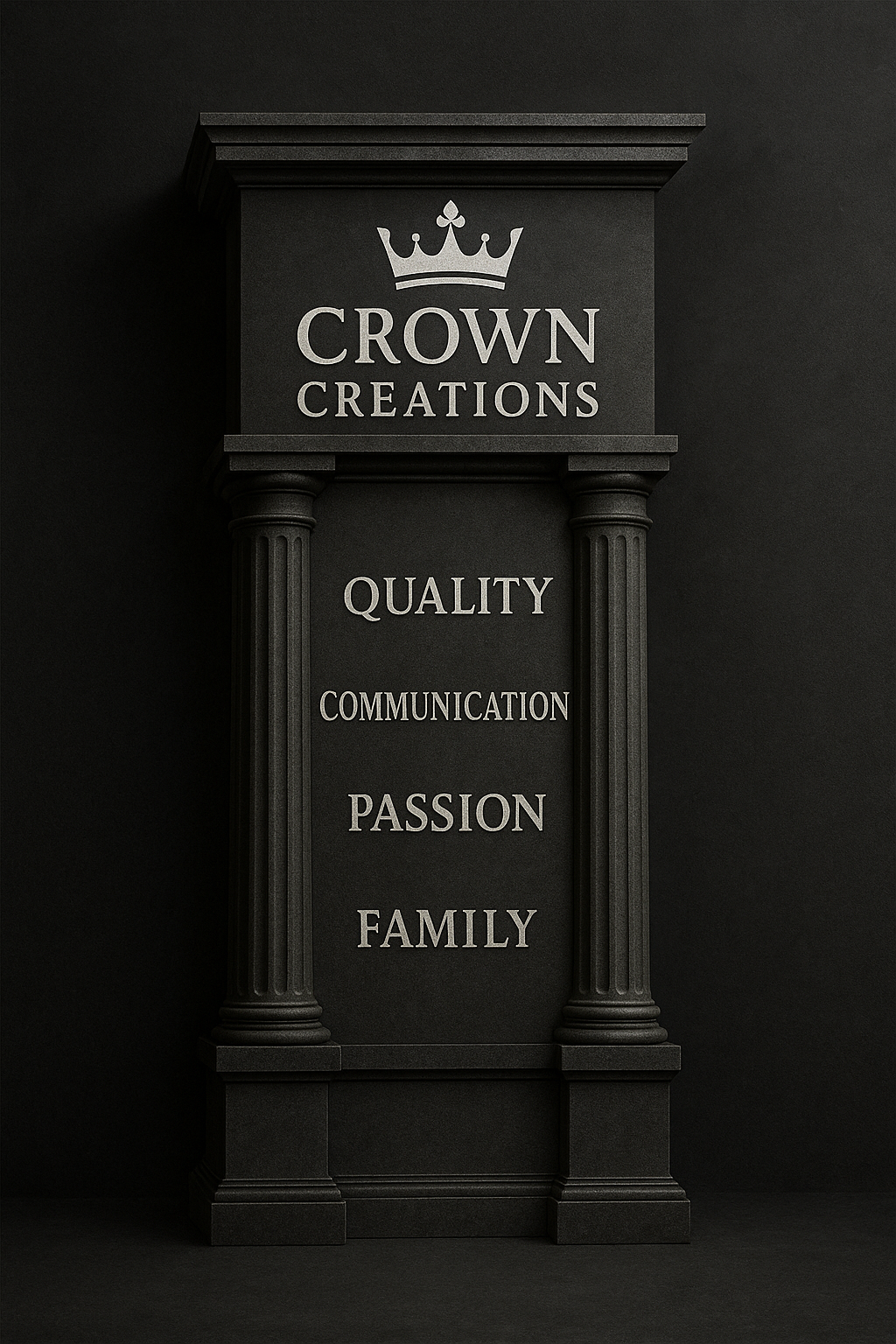 Crown Creations Dental Laboratory business pillars: Quality, Communication, Passion, and Family.