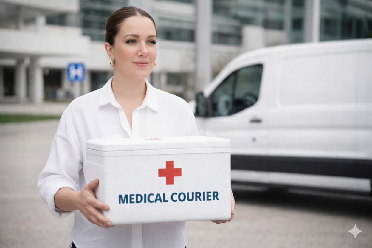 A woman in a white shirt holding a white box labeled 'Medical Courier' with a red cross, standing outdoors near a white van.