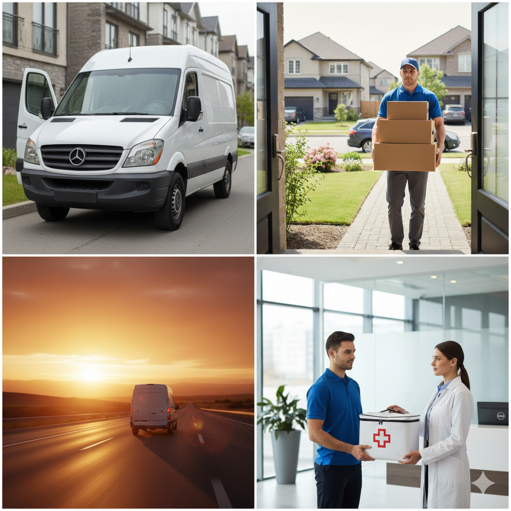 Compilation of delivery-related images: a delivery van parked outside a residential building, a delivery person carrying boxes into a house, a van driving during sunset, and a healthcare professional handing a medical kit to a man.