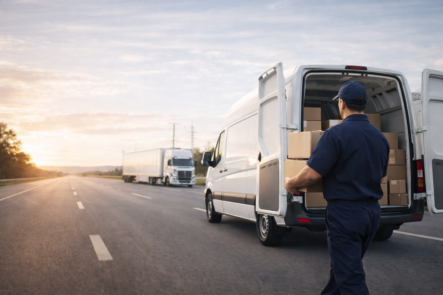 A delivery worker in navy uniform loading boxes into the back of a white delivery van on an open highway at sunset, with two large trucks in the background.