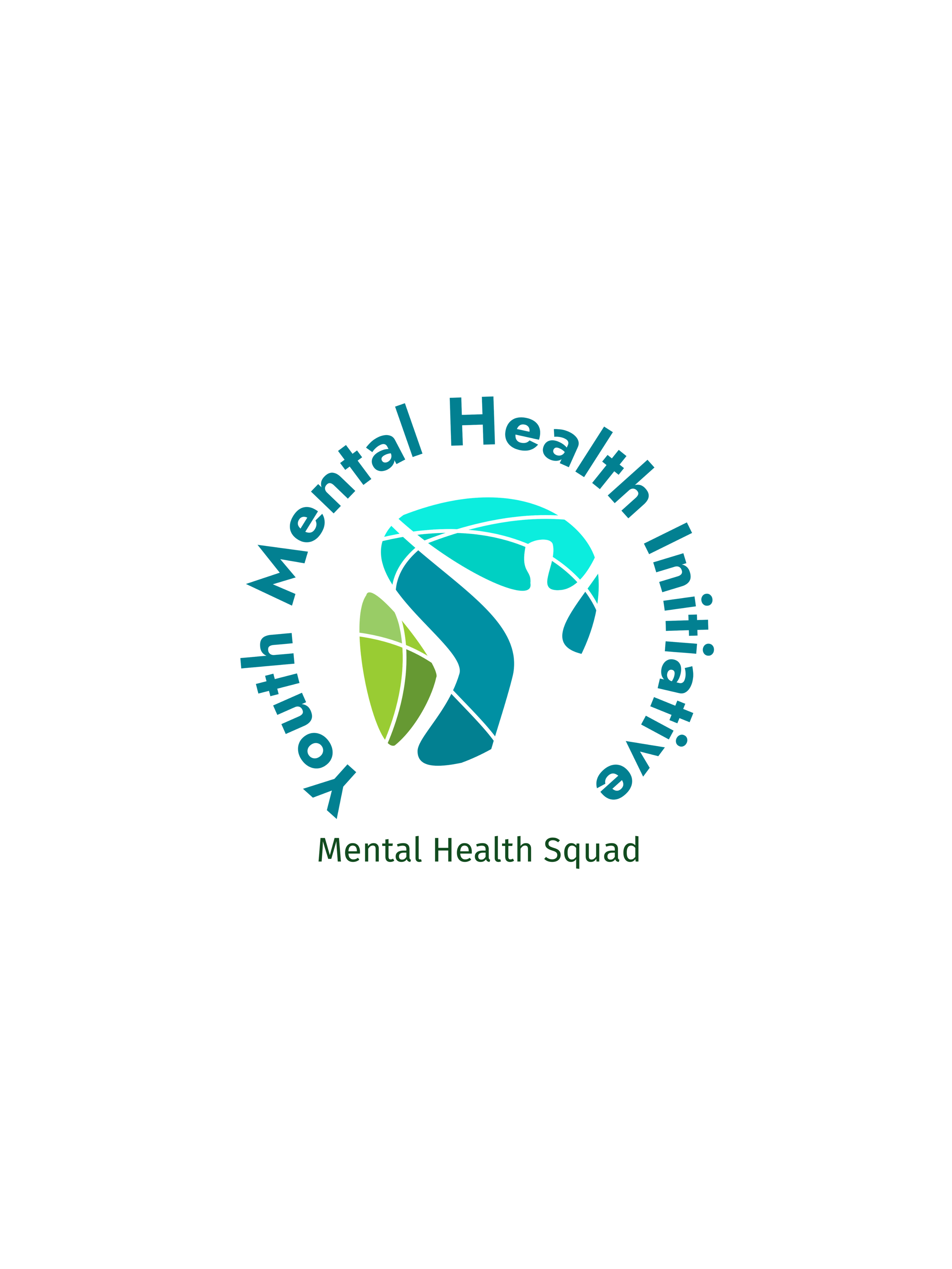 Logo for Youth Mental Health Initiative featuring a stylized person in blue with a white head, surrounded by a green and blue abstract design, and text reading 'Youth Mental Health Initiative' and 'Mental Health Squad'.