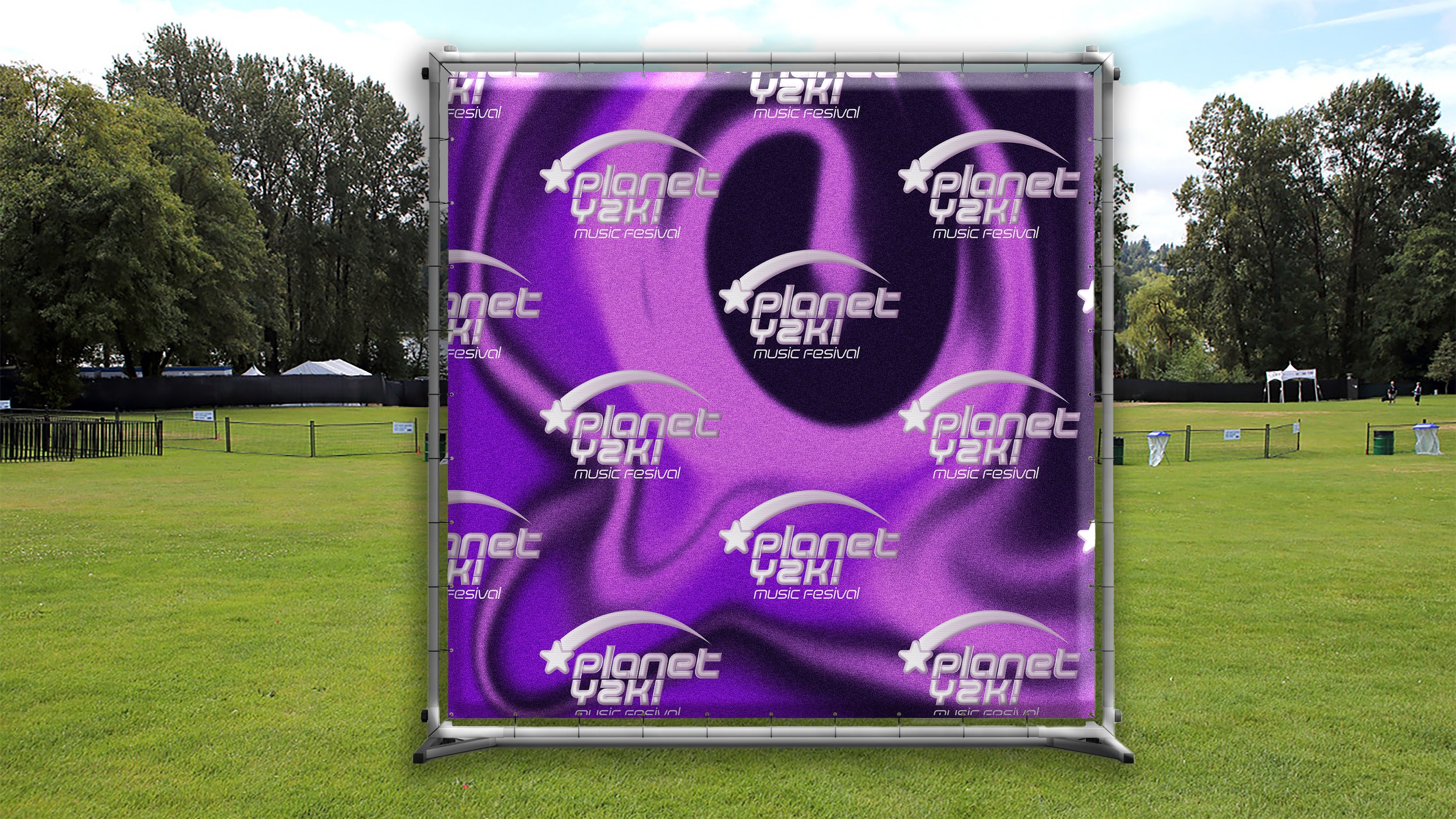 Lastly, I designed a step-and-repeat banner for guests to use as a photo backdrop. To align with the festival’s Y2K theme and its vibrant location in Berlin, Germany, I placed the banner in an outdoor setting to reflect the carefree, open-air energy 