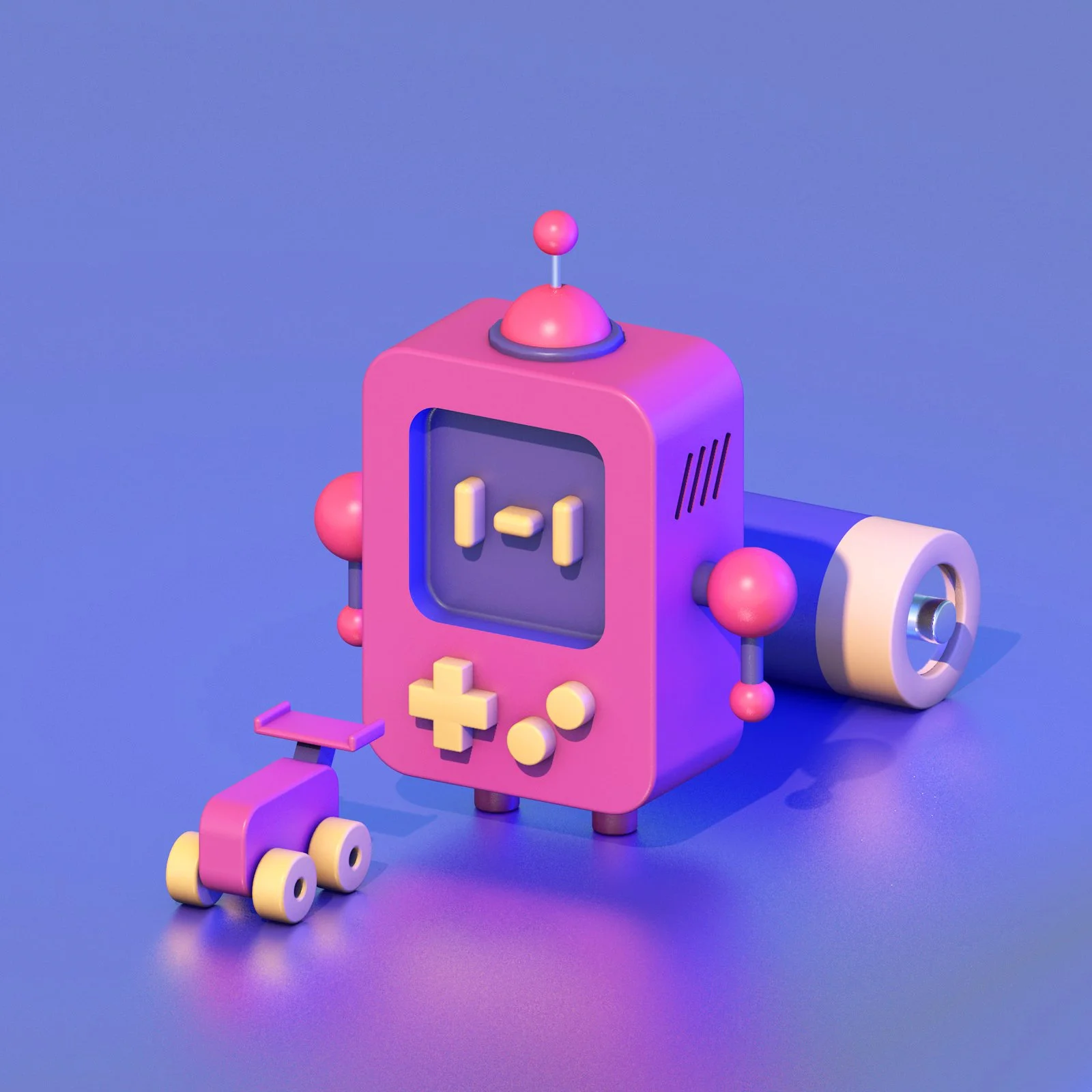 A colorful, stylized robot with a pink body, a digital face, and a small pink and purple toy skateboard. The robot has pink spheres for joints, a purple antenna on its head, and a cylinder-like appendage attached to its back, all set against a purple
