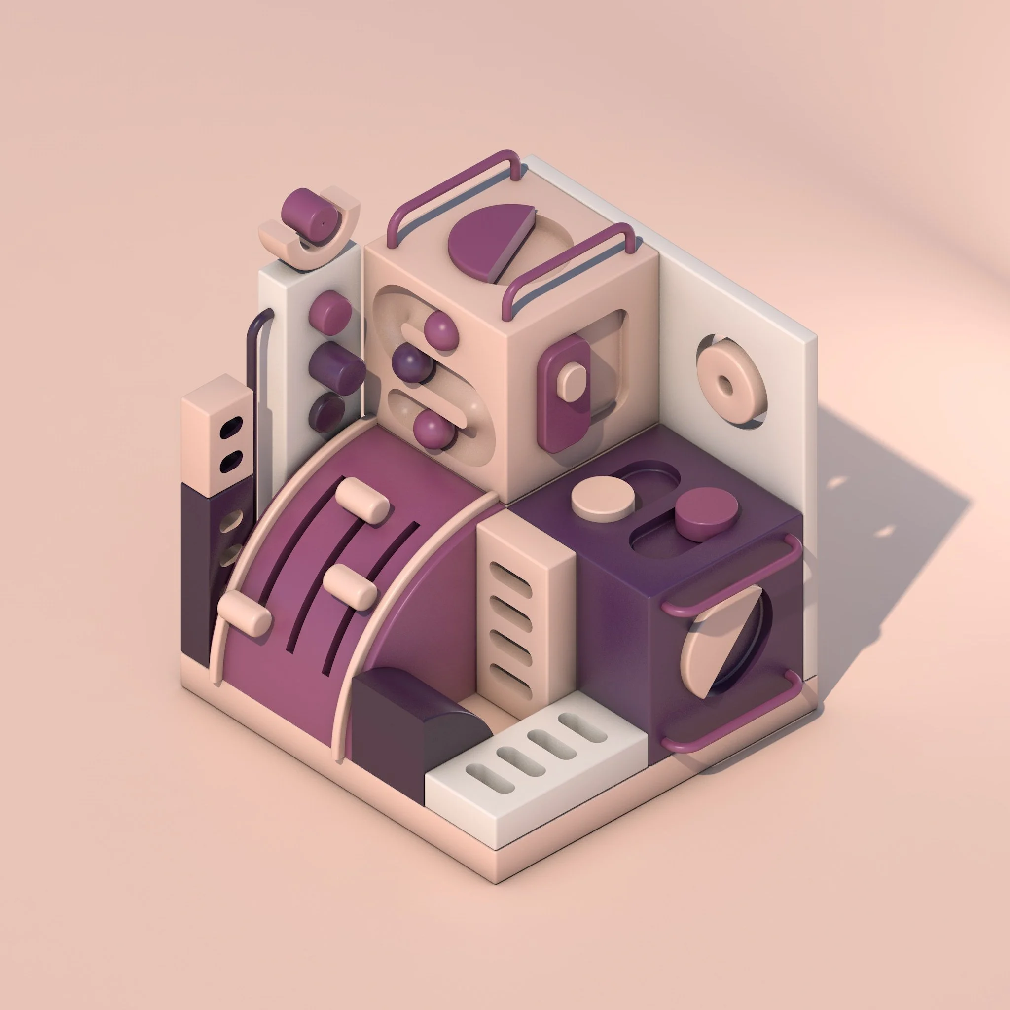 Colorful abstract geometric structure with various shapes and openings, in pastel shades of purple, pink, beige, and white, set against a light peach background.