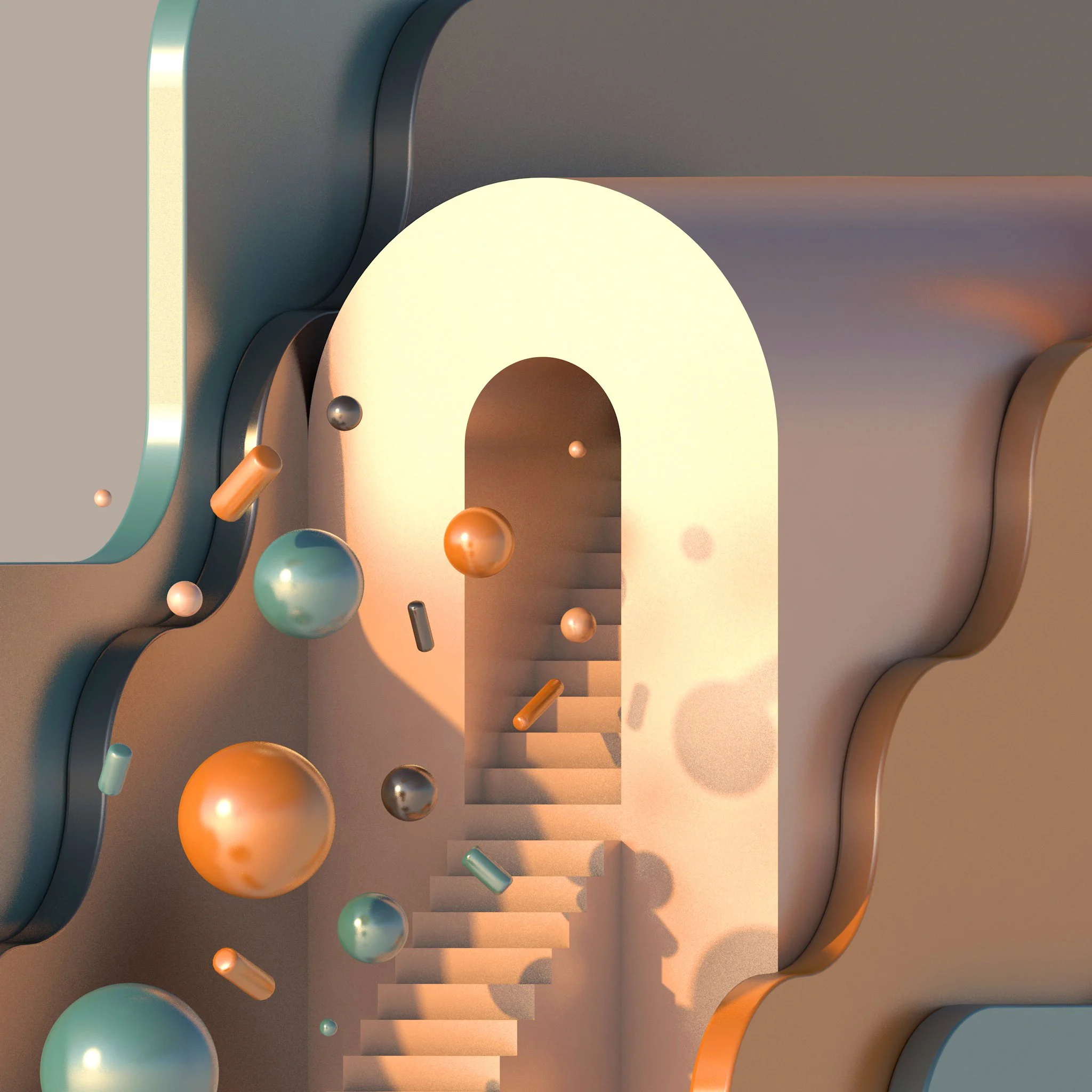 Abstract digital artwork with staircase leading to a portal surrounded by floating colorful spheres and capsule shapes.