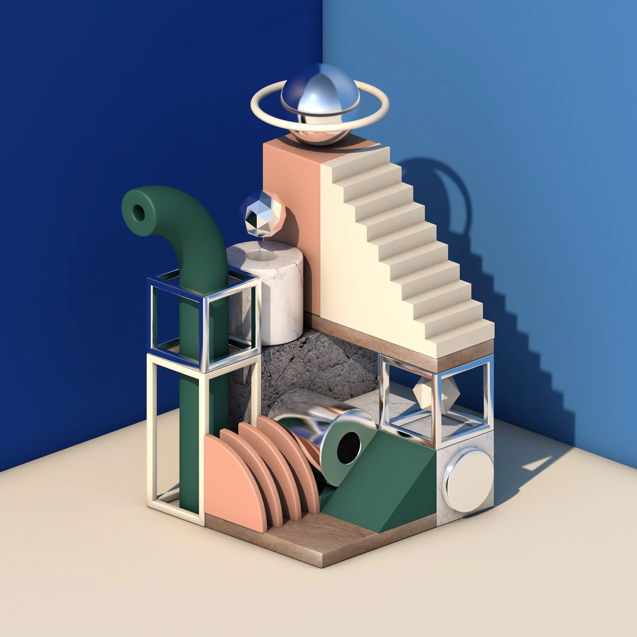 A modern abstract sculpture featuring geometric shapes, stairs, and spheres in pastel and metallic colors against a blue and beige background.