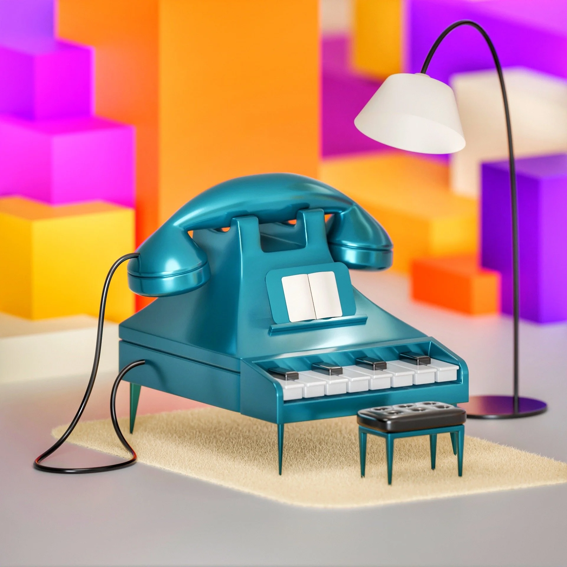 A toy phone designed to look like a grand piano, with a blue body, white piano keys, and a book-shaped screen, sitting on a beige rug with a small matching coffee table and a floor lamp in a colorful, abstract background.