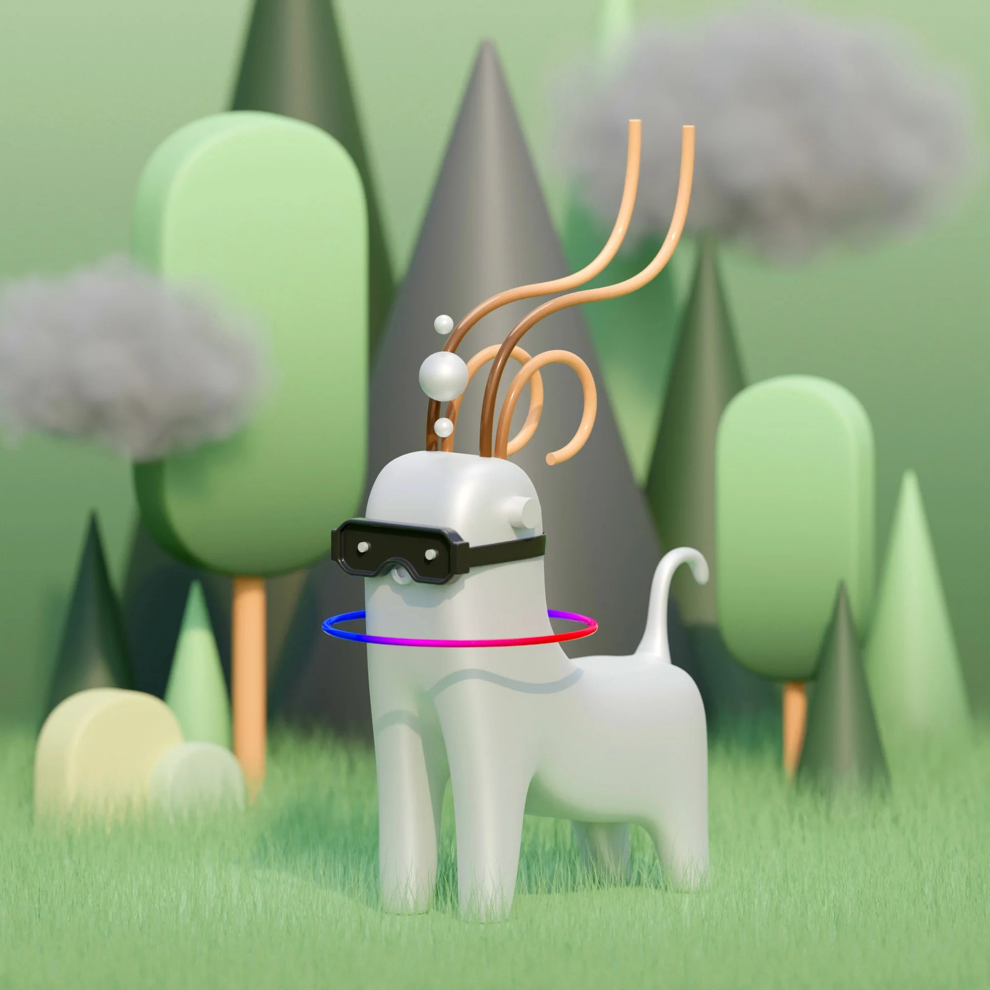 A futuristic white dog with a tail, wearing virtual reality goggles, standing in a stylized green forest with abstract trees and clouds.
