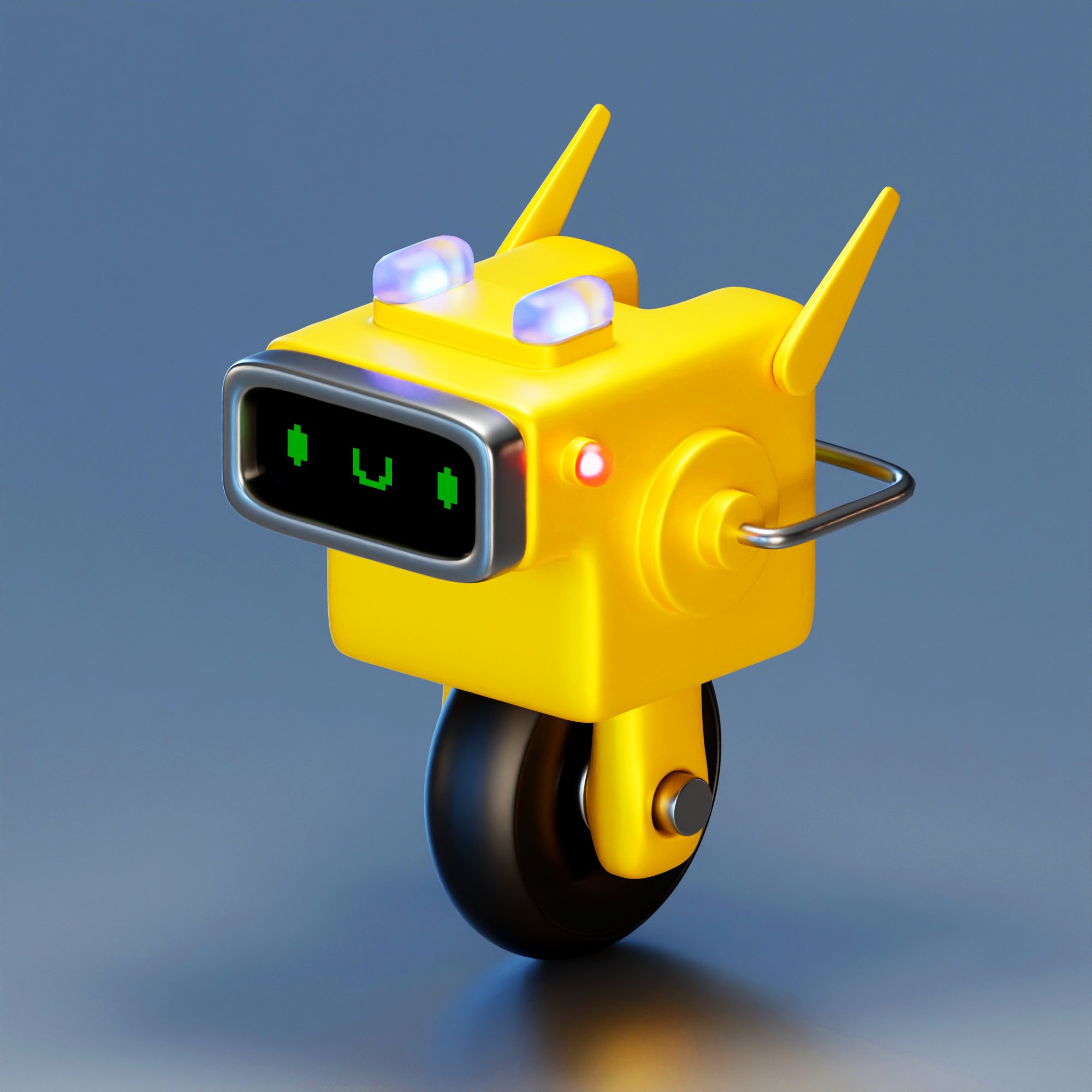 A yellow robot with a single wheel, antennae, and a screen face displaying green pixelated eyes and mouth, set against a plain background.