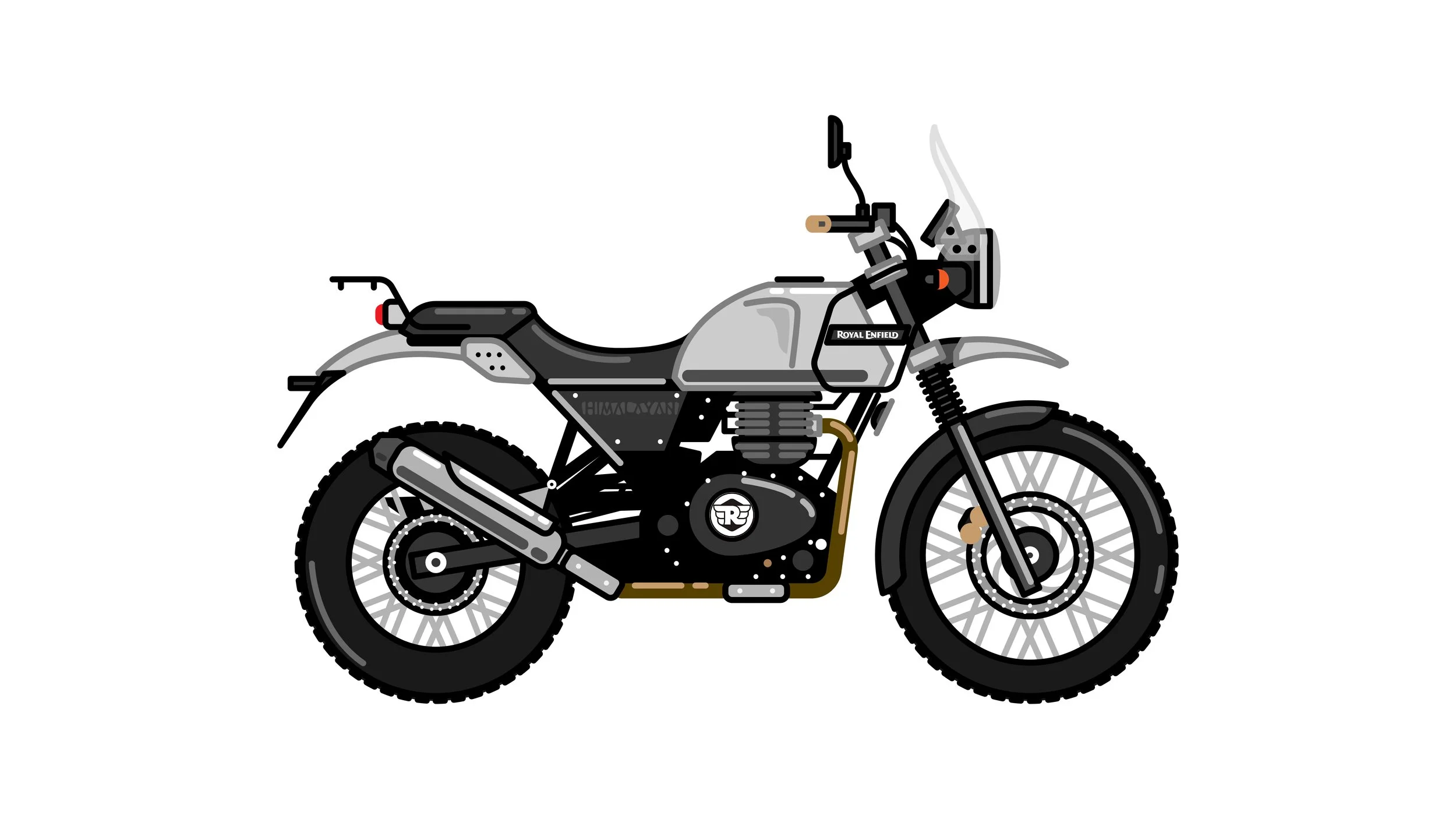 A digital illustration of a Royal Enfield motorcycle with a black, gray, and gold color scheme, featuring a classic design with modern touches.