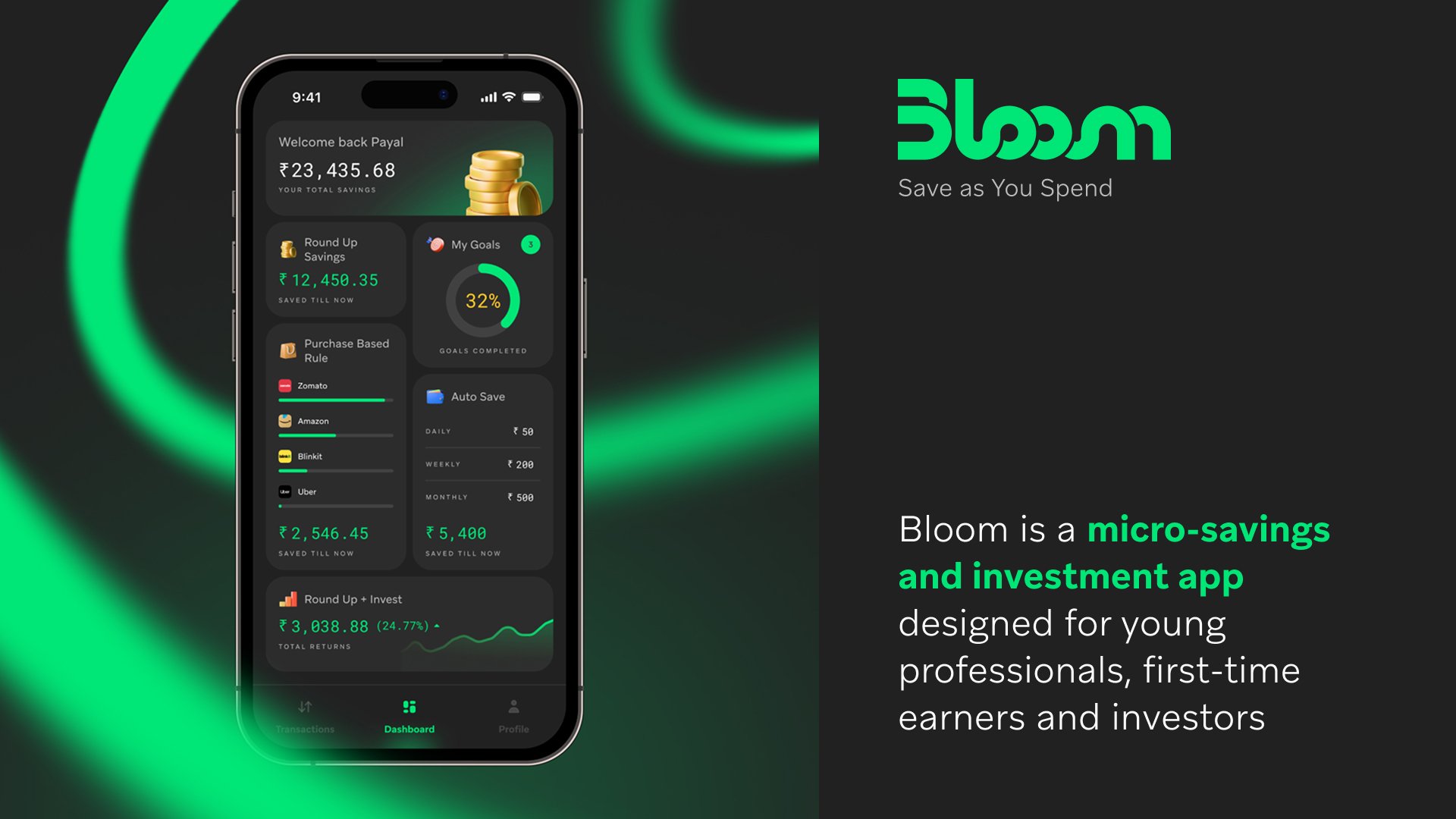 A digital advertisement for Bloom app showcasing a smartphone screen with financial data, along with text describing Bloom as a micro-savings and investment app for young professionals and investors.
