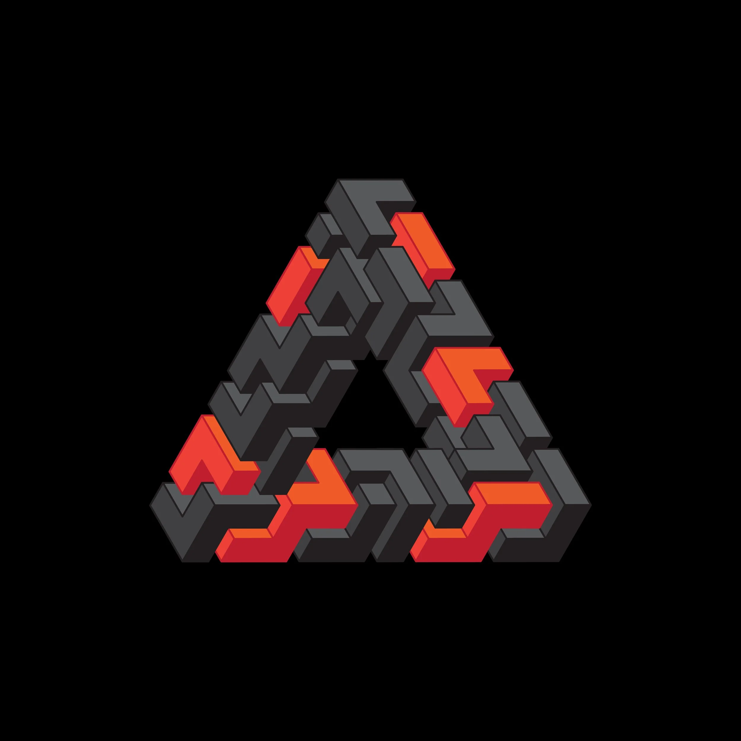 An abstract 3D geometric illustration of a Penrose triangle with black and red blocks.