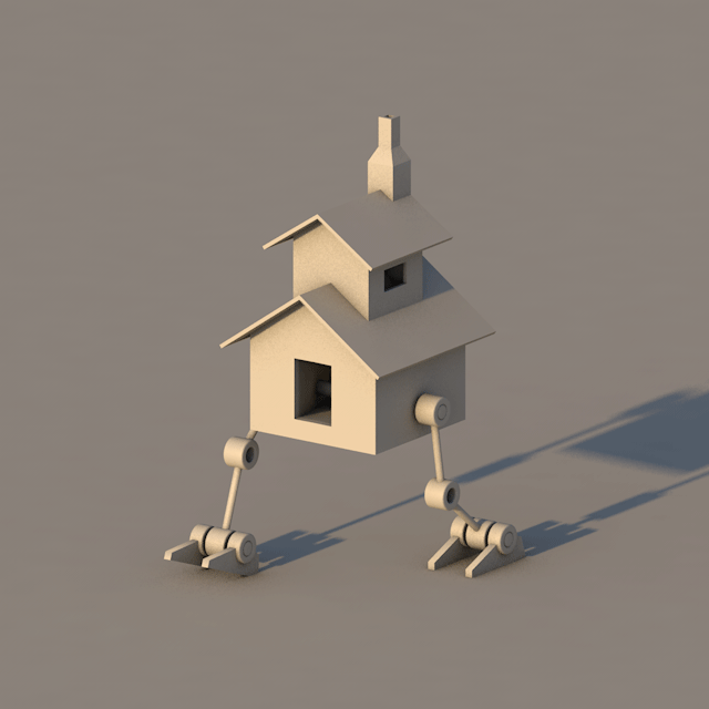 A robotic creature with body parts resembling house structures, including a house-shaped torso and head, with robotic legs, standing on a flat surface.