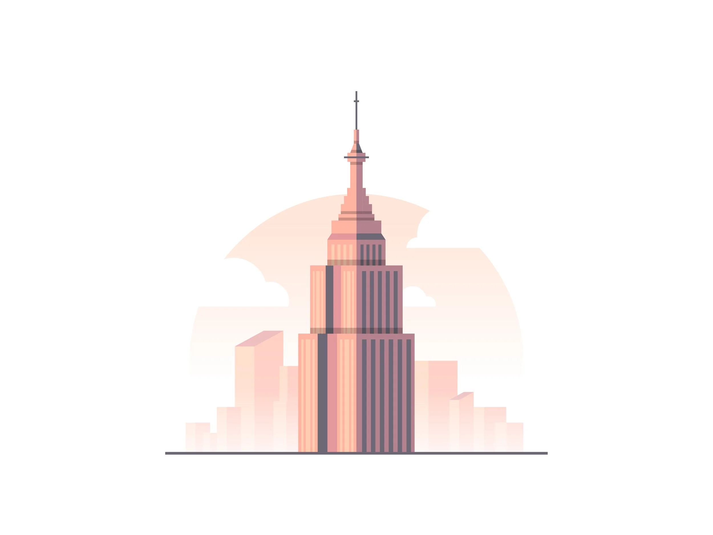 Digital illustration of the Empire State Building with a pink and purple color scheme, set against a background of clouds and a city skyline.