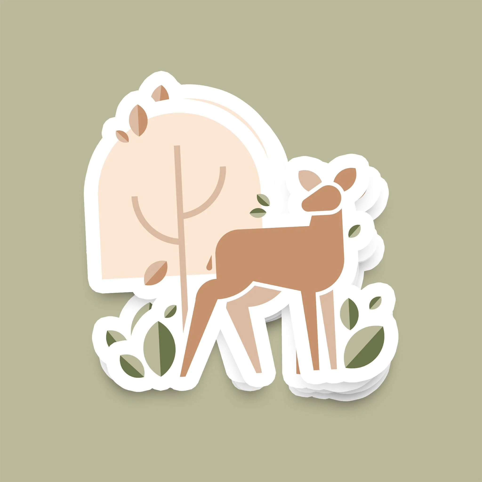 A minimalist illustration of a deer standing among trees and foliage on a green background.