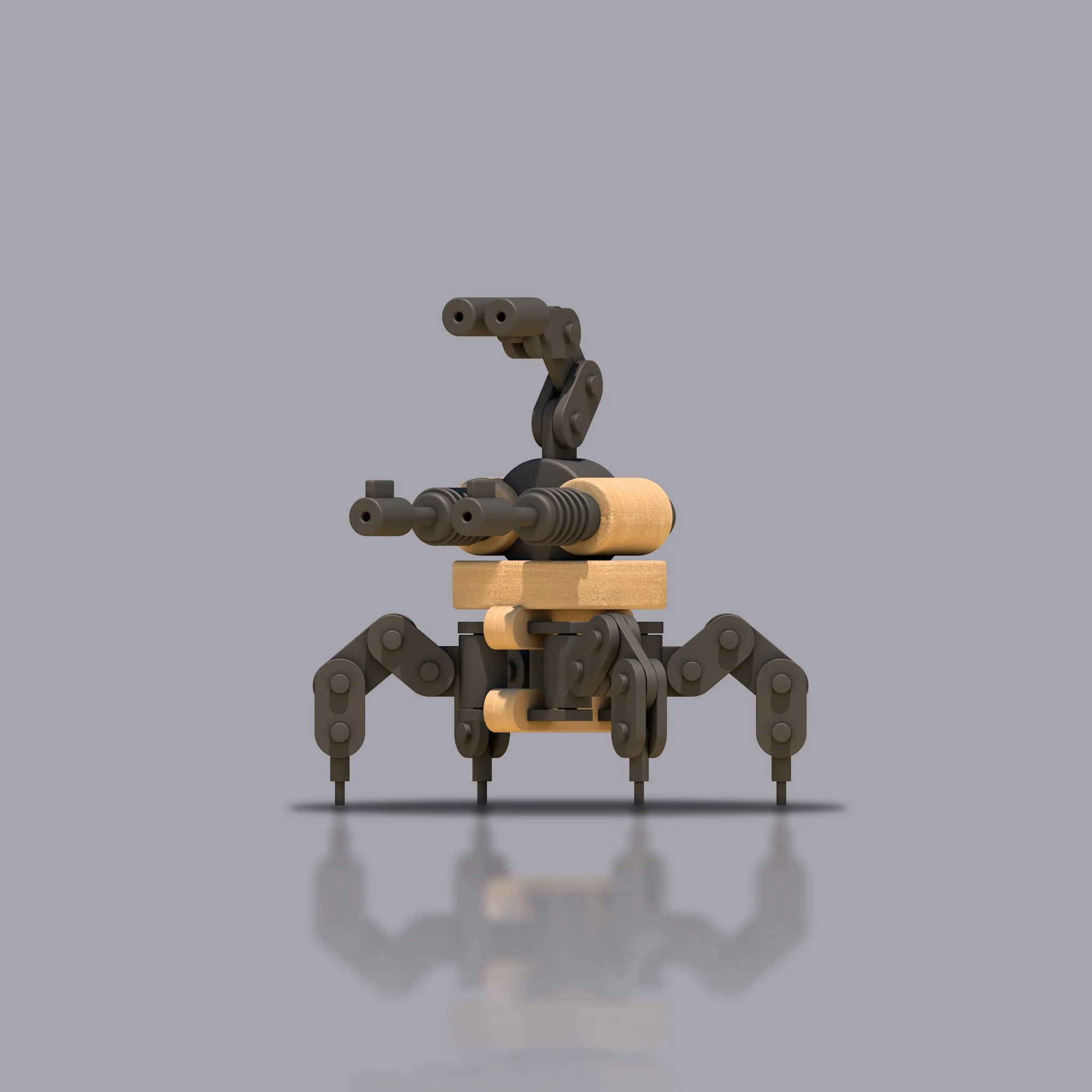A toy robot spider made of black plastic parts and light wood. It has four legs and a turret-like head.