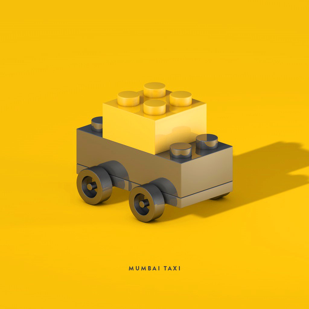 A toy vehicle designed to look like a Mumbai taxi, made out of LEGO bricks, with a yellow top and gray base on a yellow background. The text 'MUMBAI TAXI' is written below.