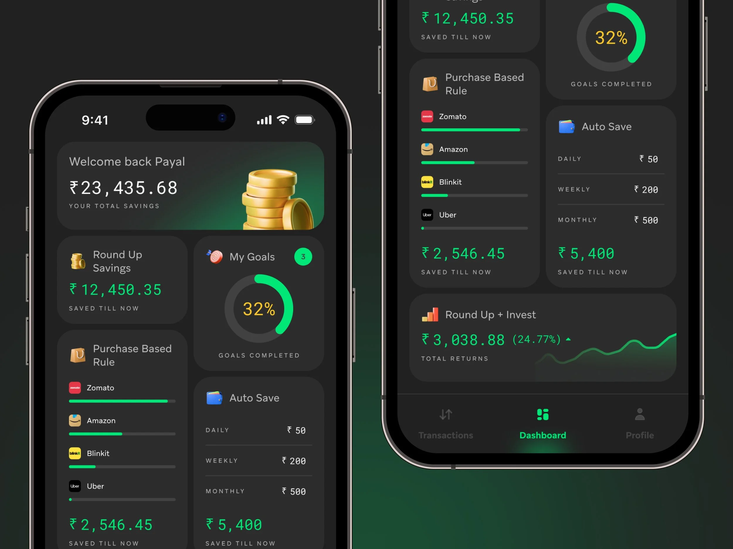 Mobile phone screens displaying a personal finance app dashboard with savings, goals, investments, and transaction details, all in dark mode with green and yellow accents.