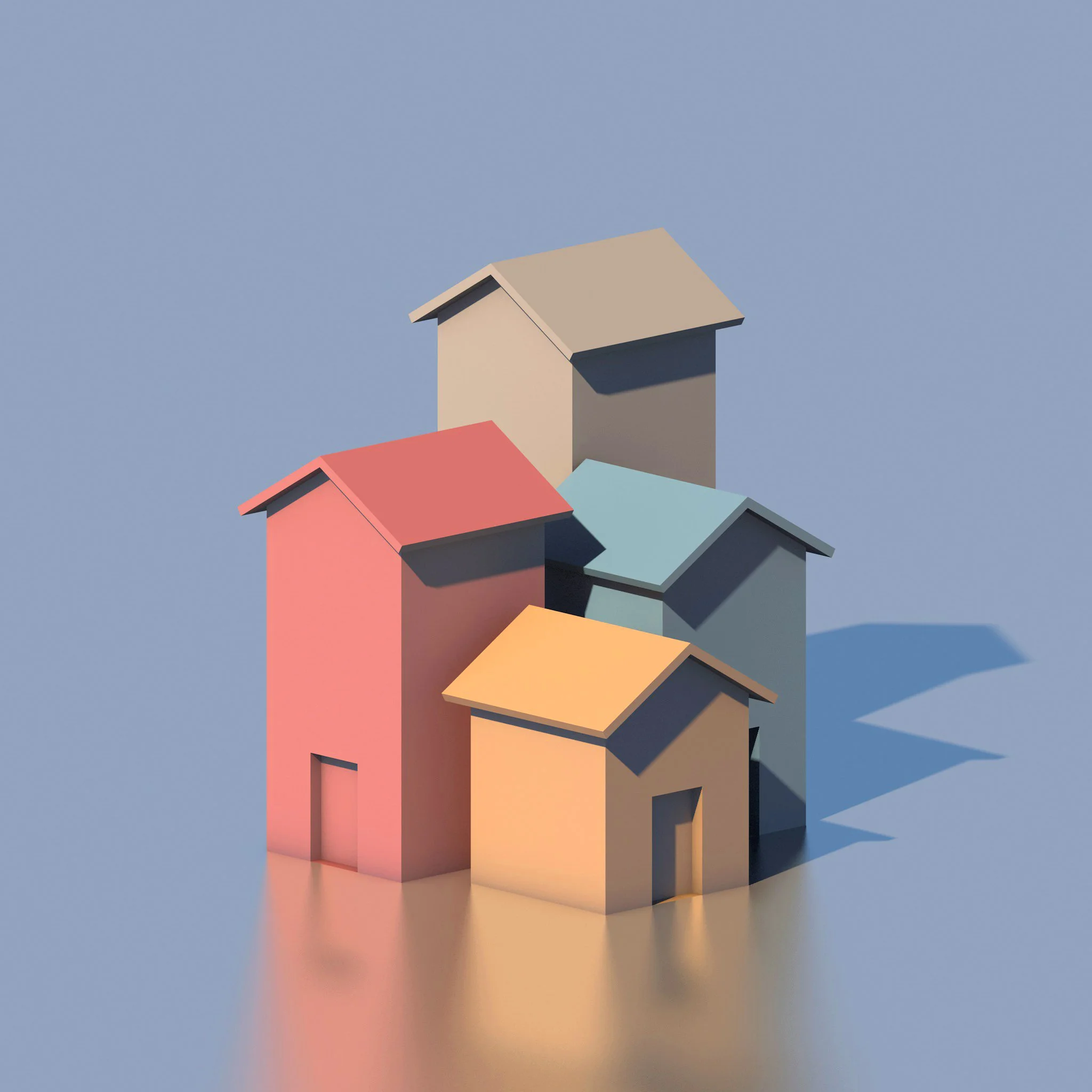 Four pastel-colored small houses with distinct roofs, arranged close together on a light blue surface, casting shadows.