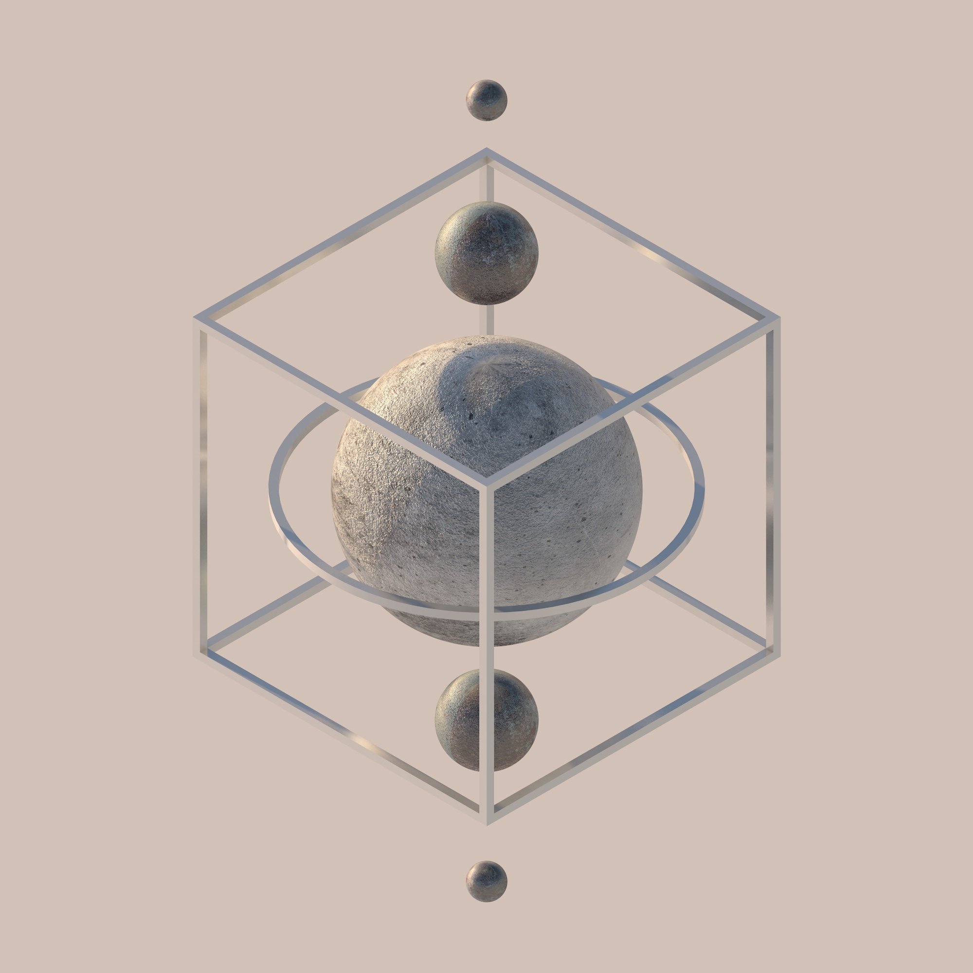 A digital illustration of planets and spheres arranged within a wireframe cube, with a large central textured sphere, smaller surrounding spheres, and a thin circular ring around the central sphere.