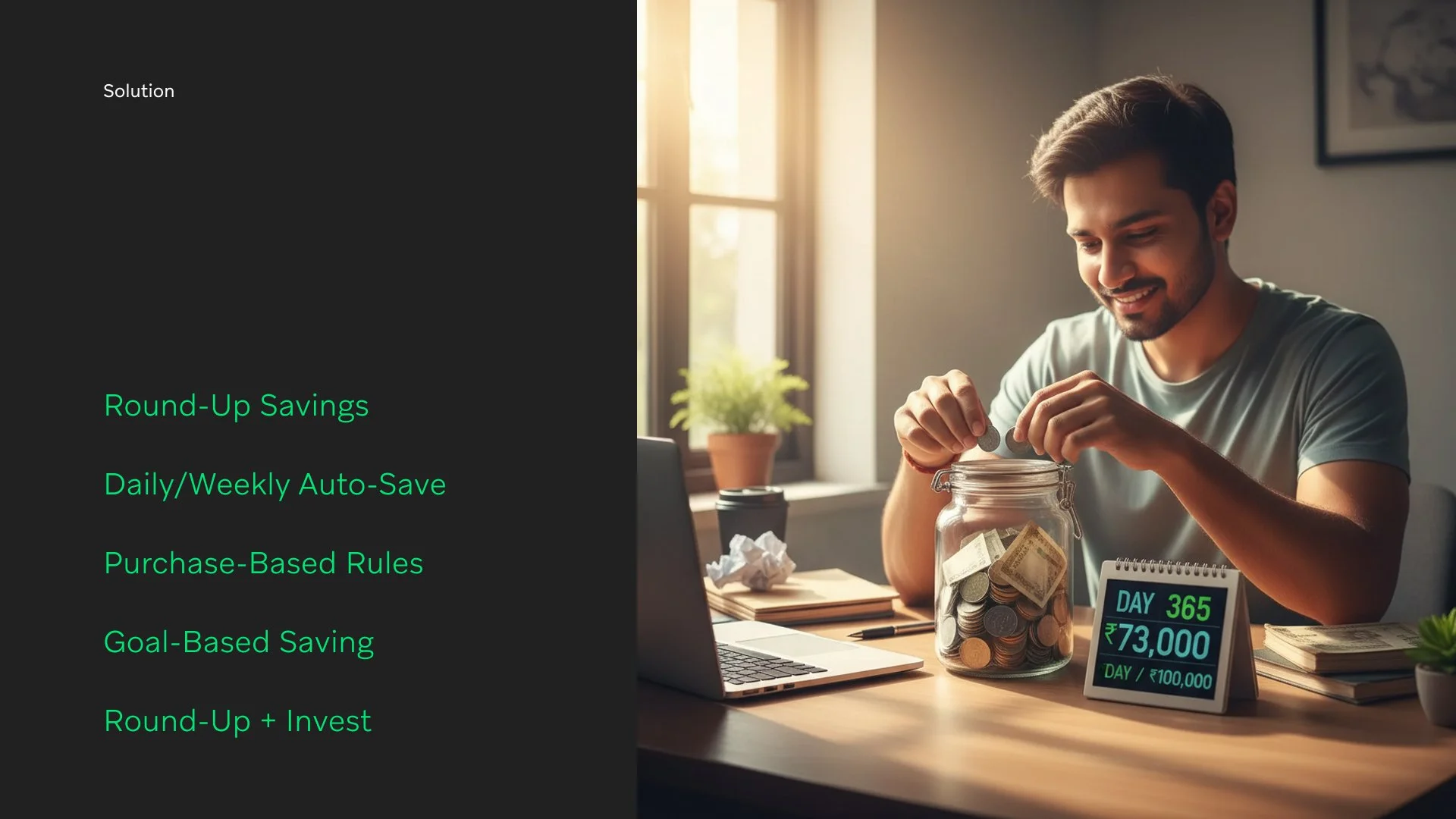 A man placing coins into a glass jar filled with money, sitting at a desk with a laptop, digital savings monitor displaying 'DAY 365' and savings goal, in a well-lit room with sunlight.