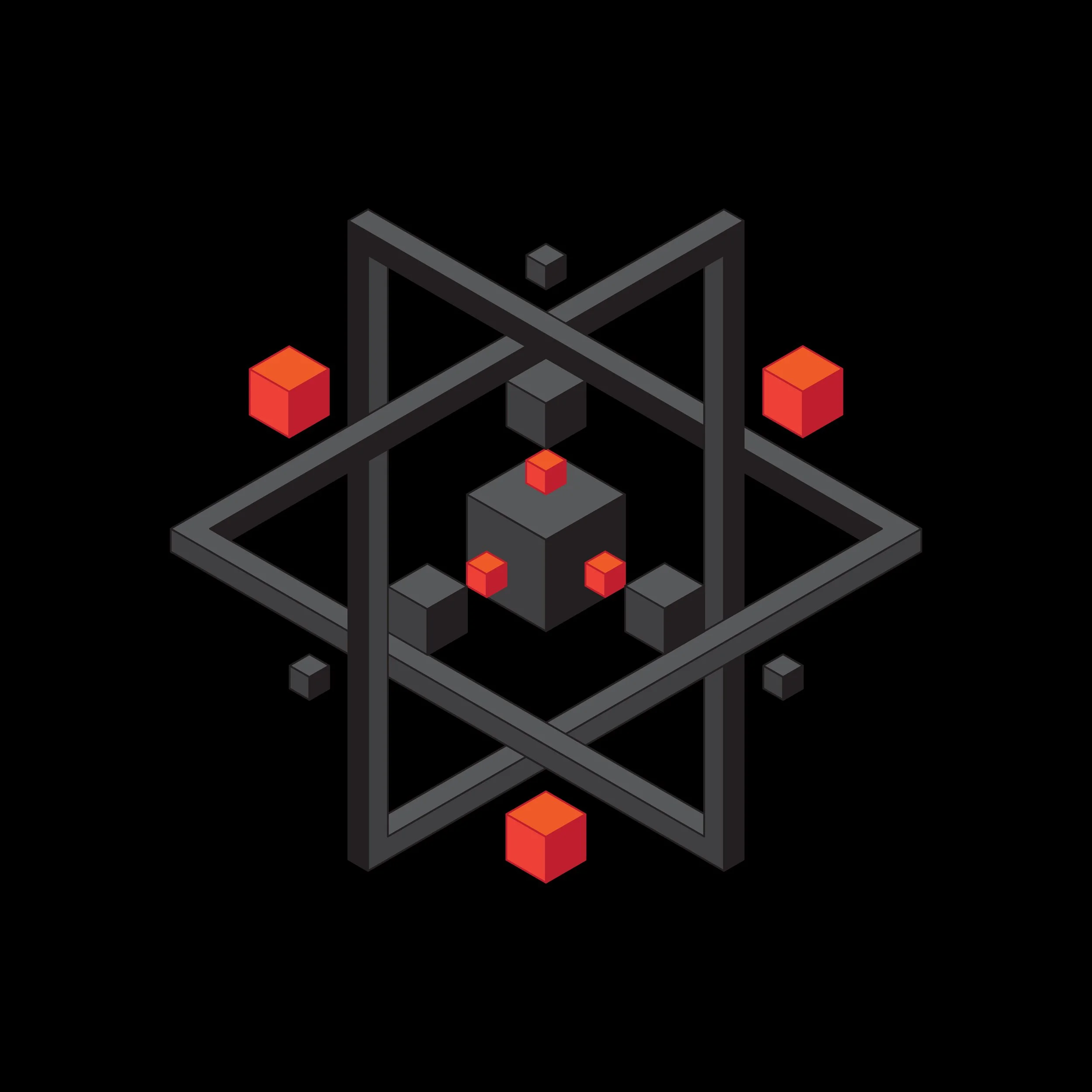 Digital illustration of a geometric three-dimensional structure with black and red cubes interconnected by gray beams.