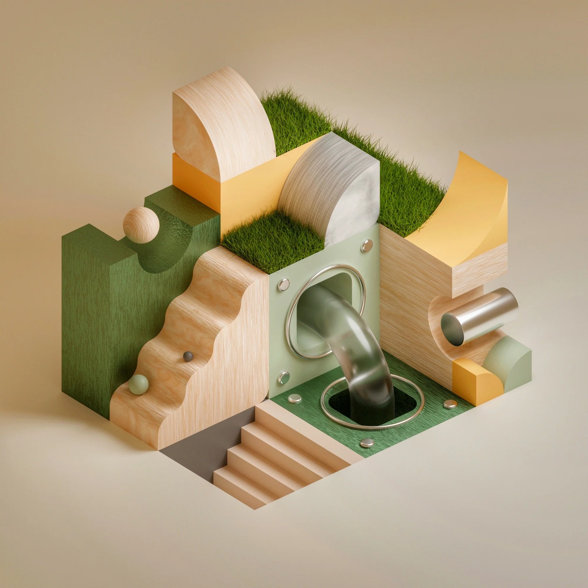 Abstract sculpture with wooden, metallic, and grassy elements arranged in geometric shapes.